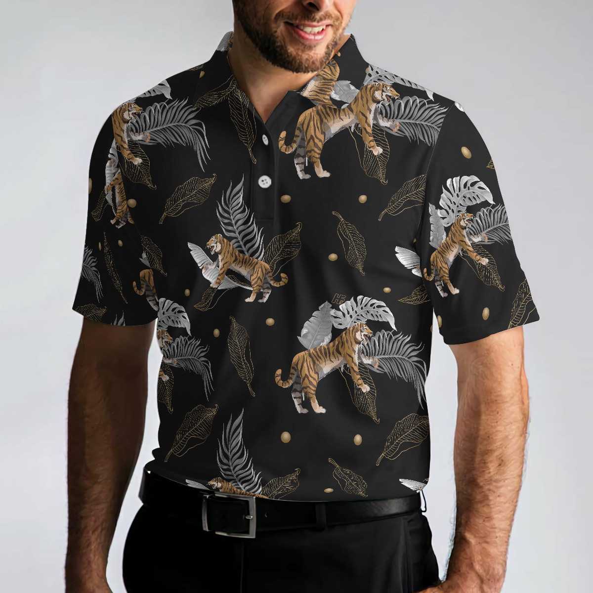 Tiger With Palm Leaves Tropical Tiger Polo Shirt, Short Sleeve Tiger Shirt For Men, Tiger Shirt Men Gift Idea - Perfect Gift For Women