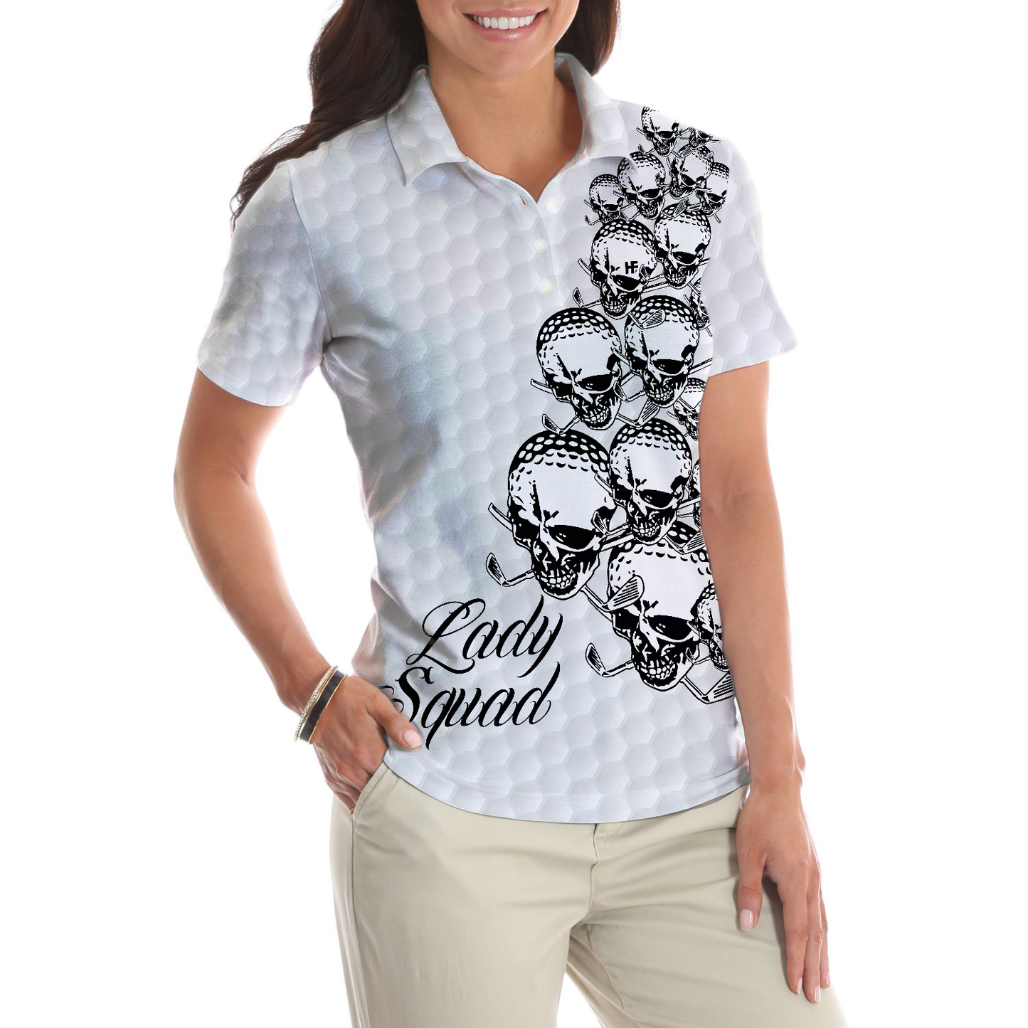 Golf Ball Texture With Skull Golf Short Sleeve Women Polo Shirt, Black And White Skull Golf Shirt For Ladies