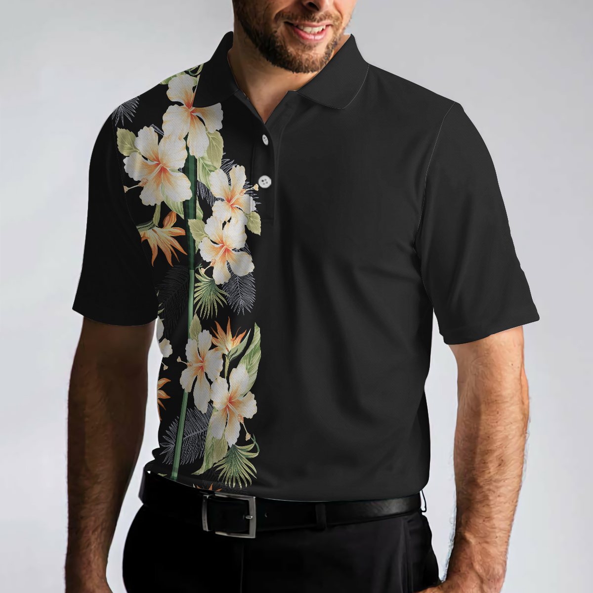 Floral Golf Club And Ball Men Polo Shirt, Wild Floral And Leaves Golfing Polo Shirt, Tropical Golf Shirt For Men