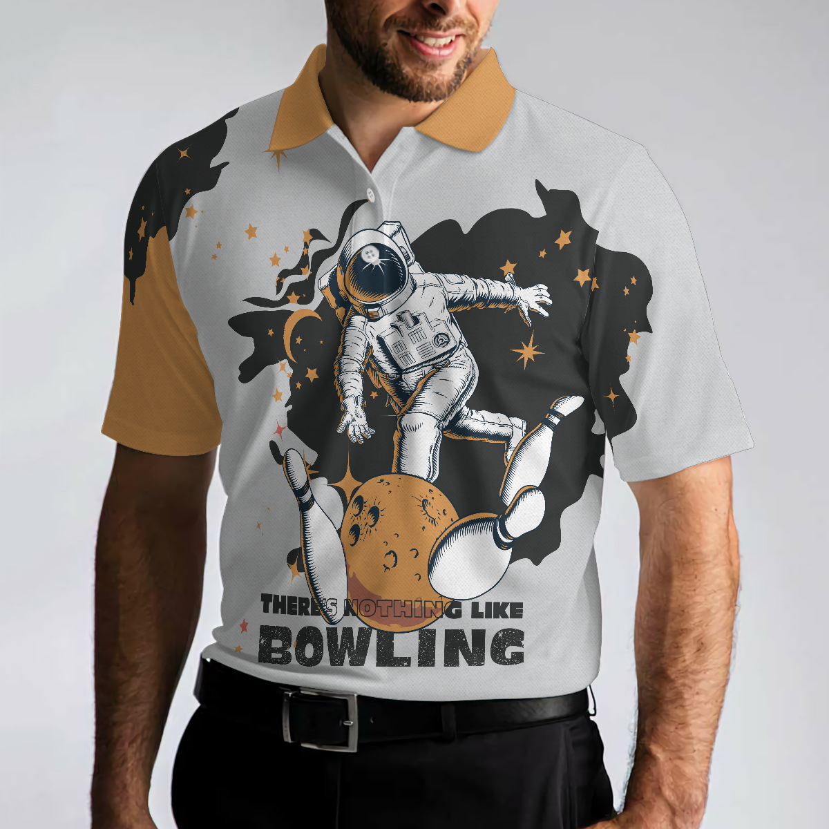 Men Polo Shirt - Bowling Astronaut in Space Short Sleeve Polo Shirt, White and Gold Bowling Shirt For Men - Best Polo Shirt For Men