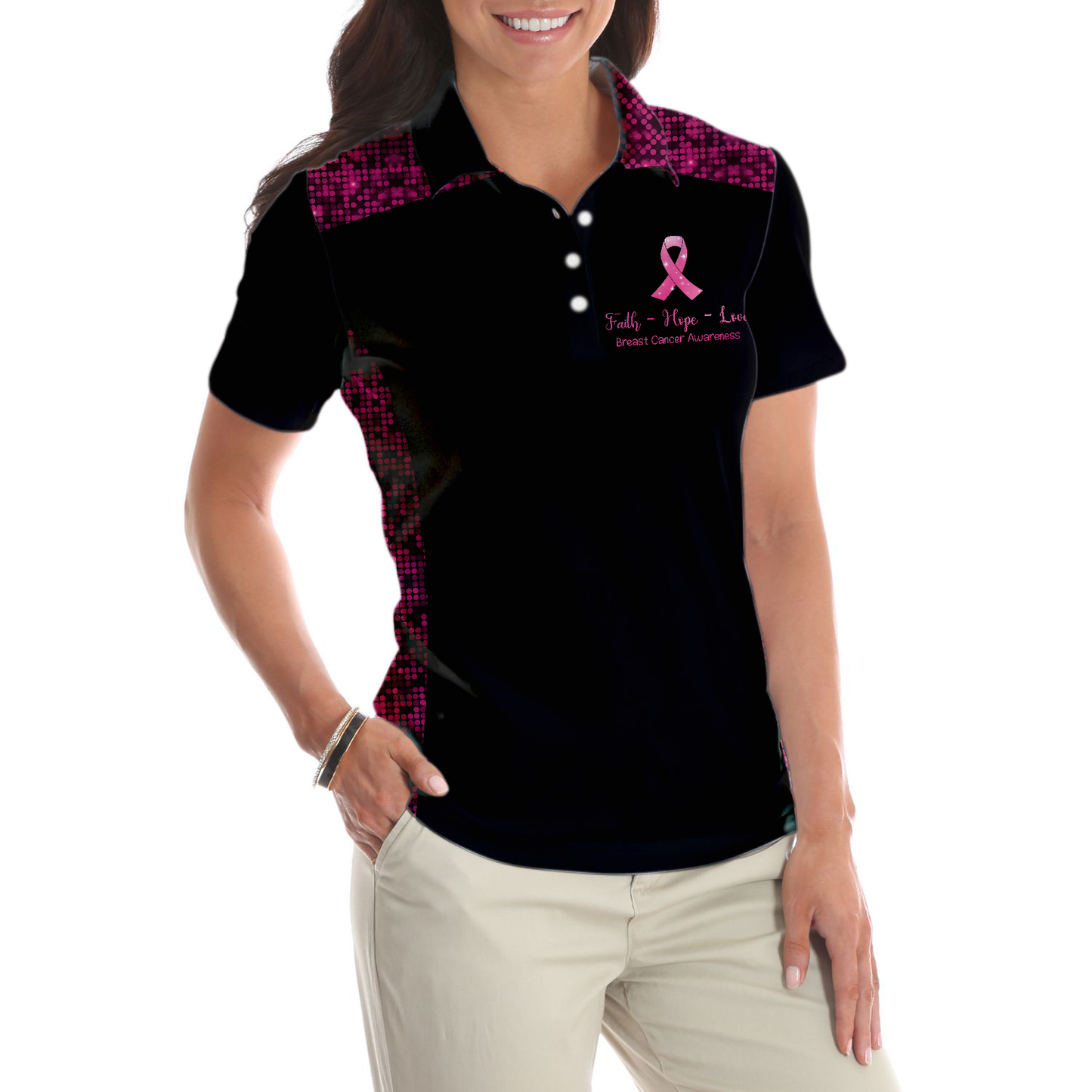 Pink Awareness Ribbon Women Polo Shirt, Faith Hope Love Angel Wings Breast Cancer Awareness Short Sleeve Shirt For Ladies