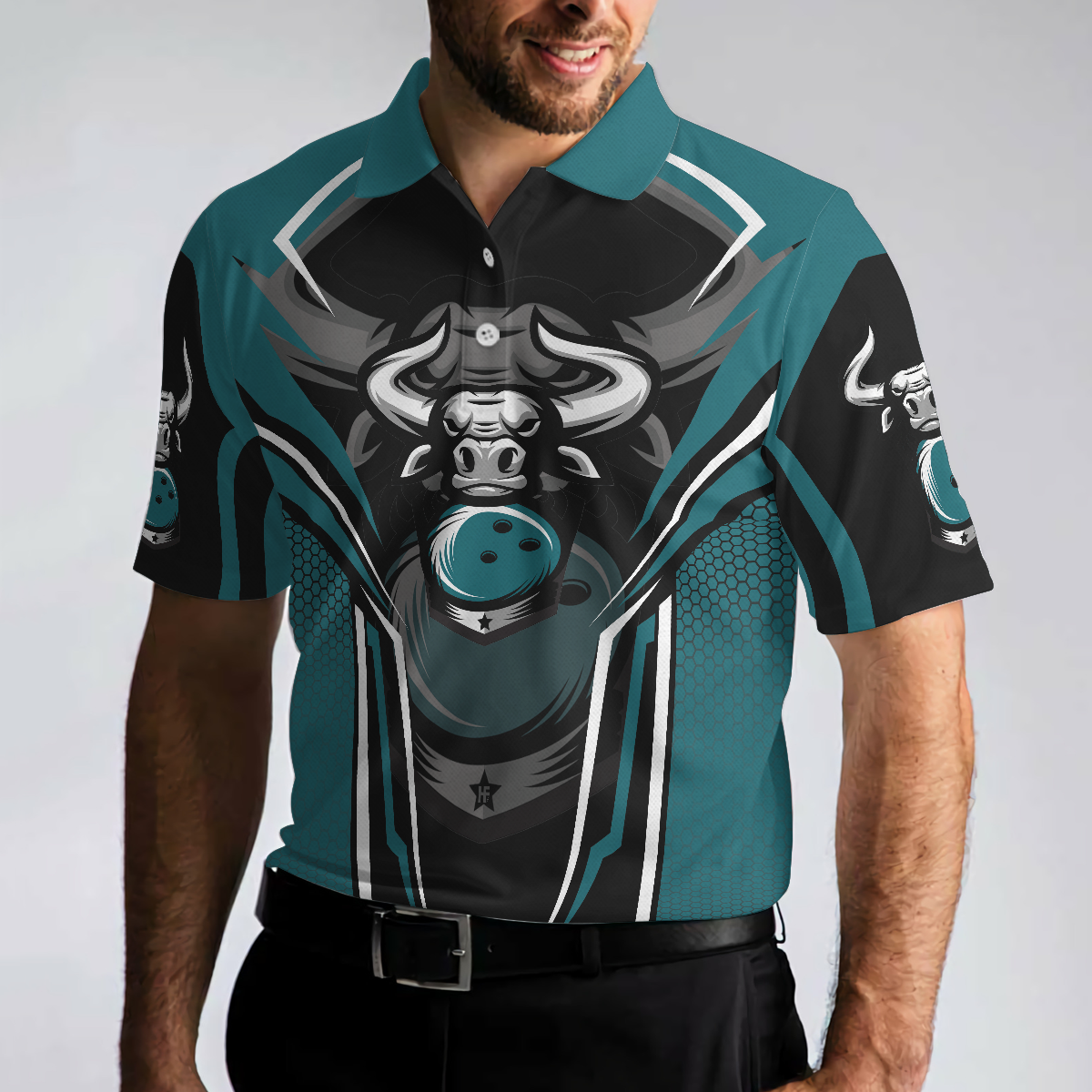 Clean Sweep Bowling Bull Short Sleeve Polo Shirt, Digital Bowling Alley Polo Shirt, Best Bowling Shirt For Men