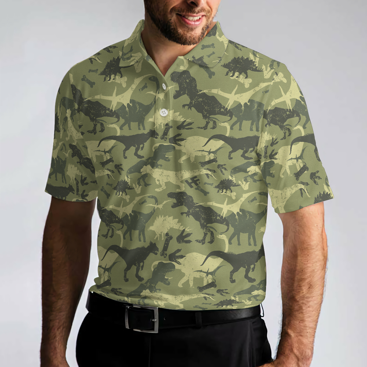 Camouflage Dinosaur Pattern Short Sleeve Polo Shirt, Camo Military Polo Shirt, Best Dinosaur Shirt For Men, Gift for Men