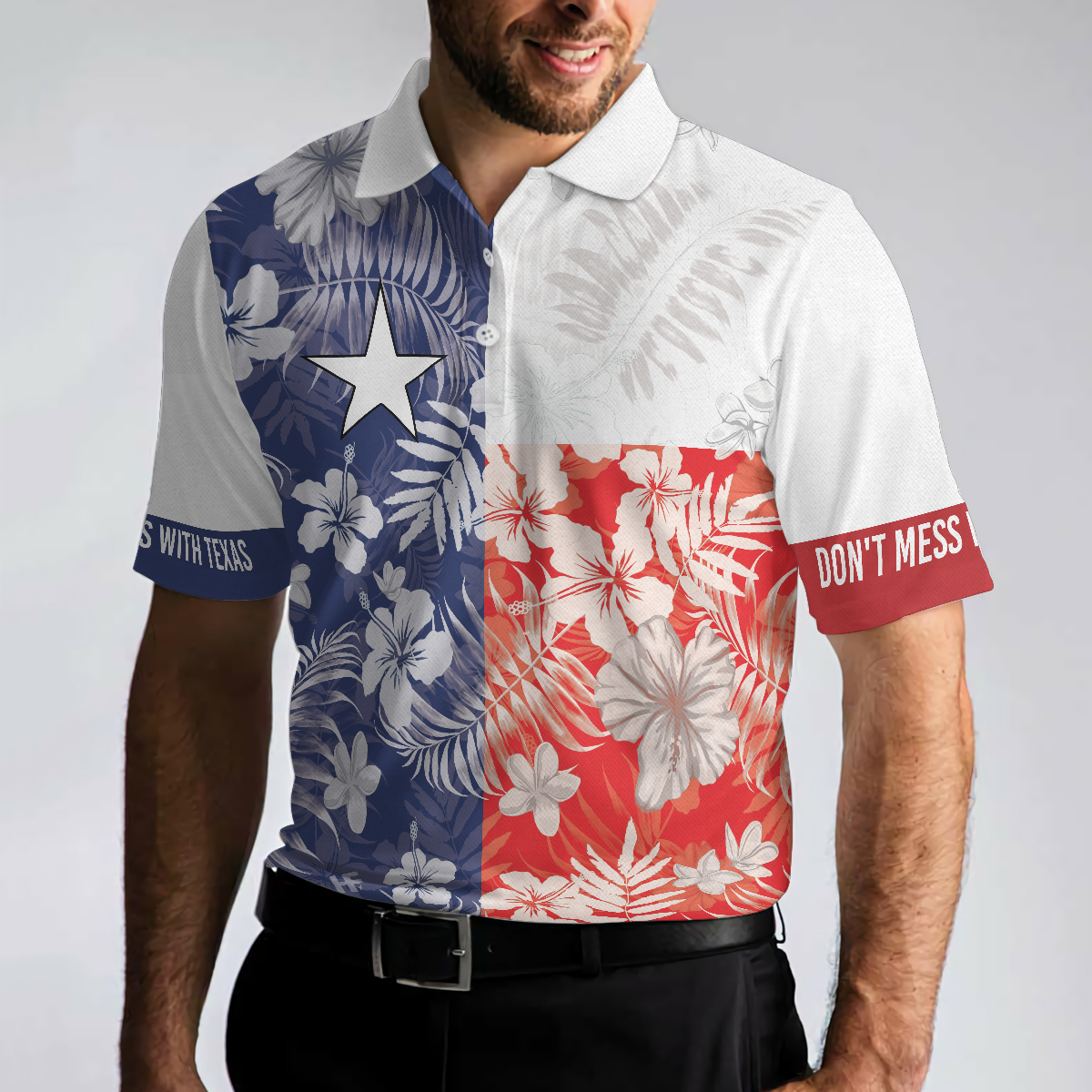 Don't Mess With Texas Flag Tropical Texas Polo Shirt, Texas Bluebonnet Shirt For Men, Polo Shirt For Men, Best Gift For Texas Lovers