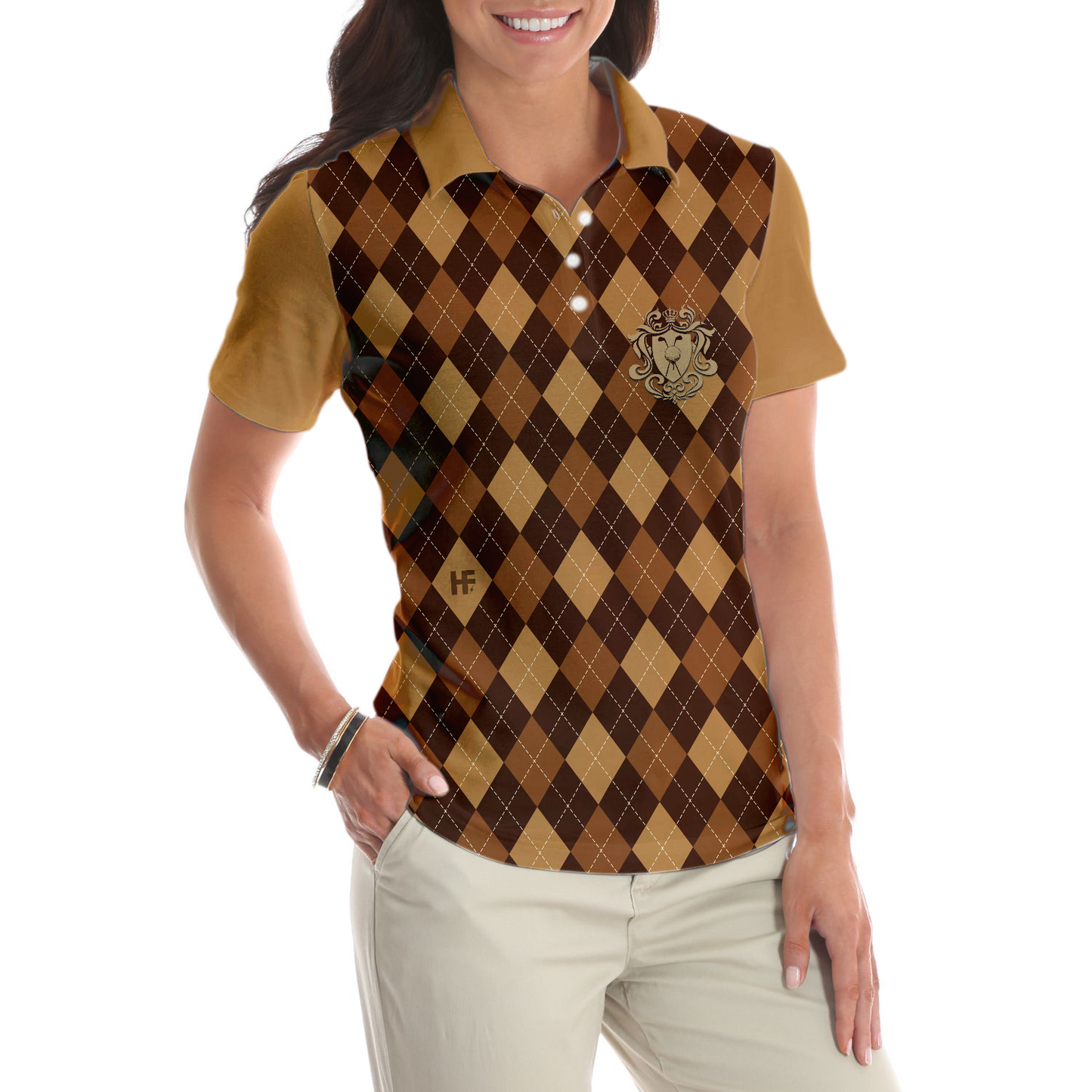 Golf Is My Favourite Season Golf Short Sleeve Women Polo Shirt, Brown Argyle Pattern Golf Polo Shirt For Ladies