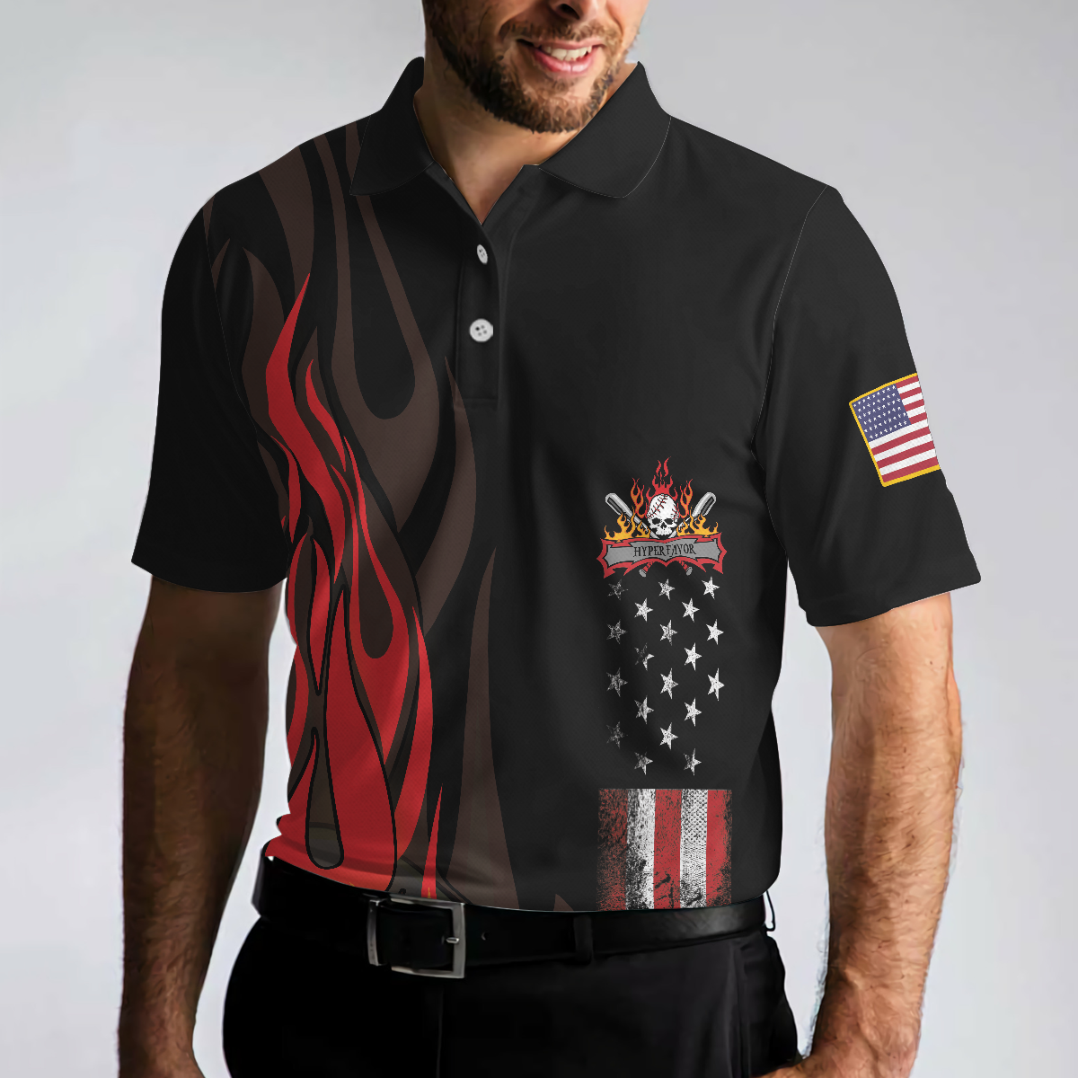 Flame Baseball Skull Men Polo Shirt, Baseball American Flag Polo Shirt, Best Baseball Shirt For Men, Gift For Baseball Lovers