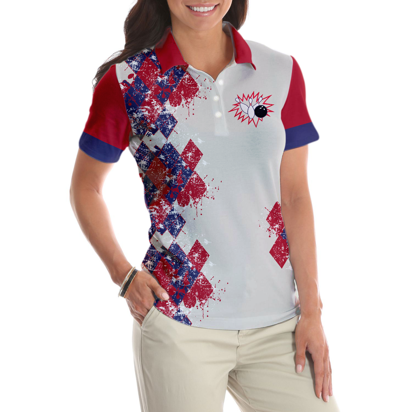 I Go Bowling Because I Like It Short Sleeve Women Polo Shirt, Argyle Pattern Polo Style Bowling Shirt For Ladies