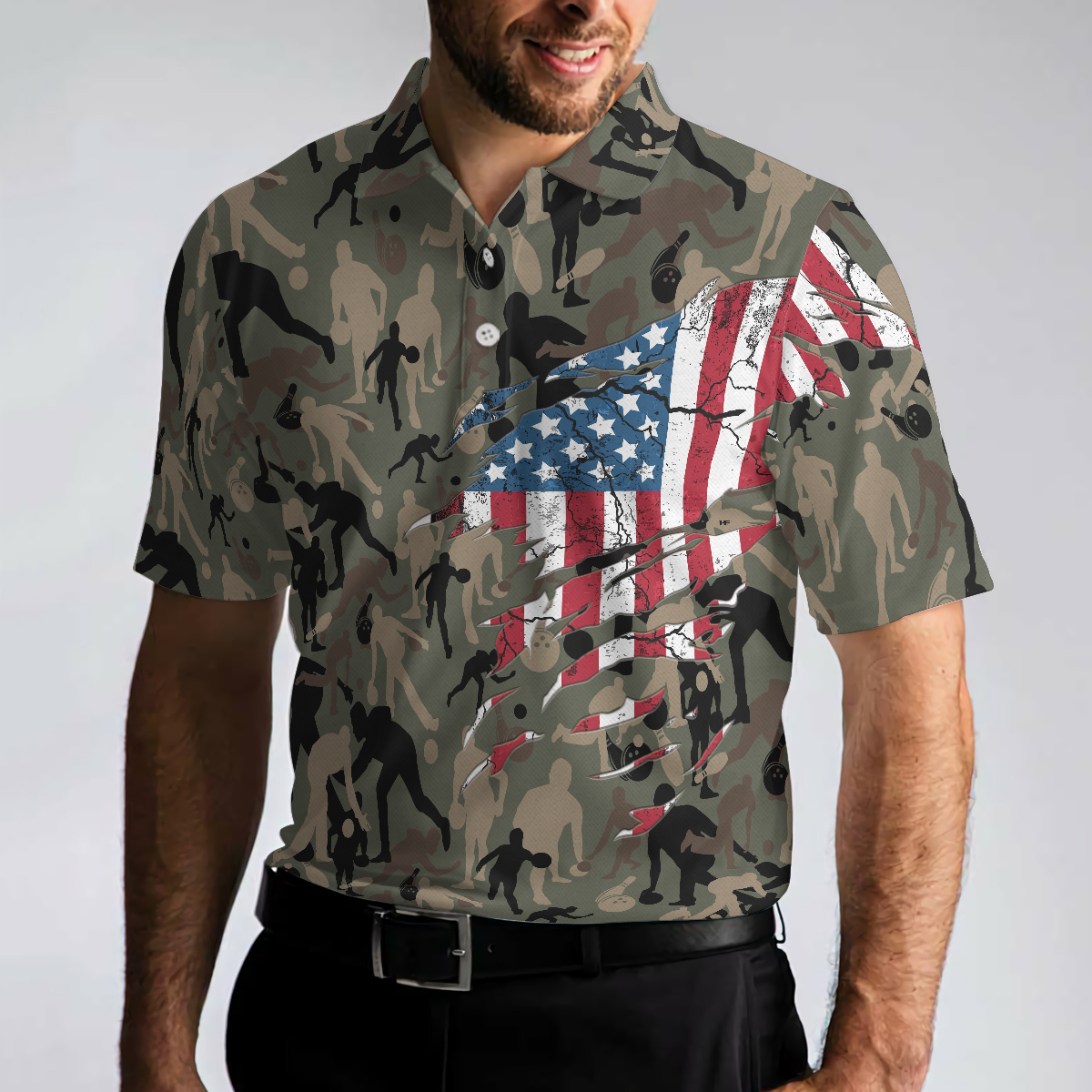 Bowling Men Polo Shirt - Bowling Camouflage American Eagle Flag Polo Shirt - Perfect Gift For Friend, Family, Bowling Lovers