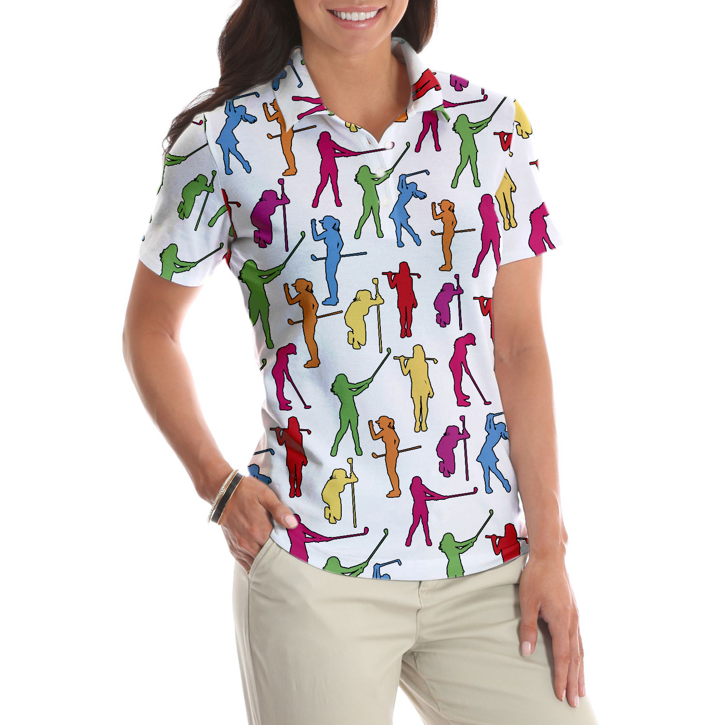 Colorful Female Golfer Women Polo Shirt, White Golf Shirt For Ladies, Best Gift For Golf Lovers, Golf Tournament, Golf Coach, Golf Club