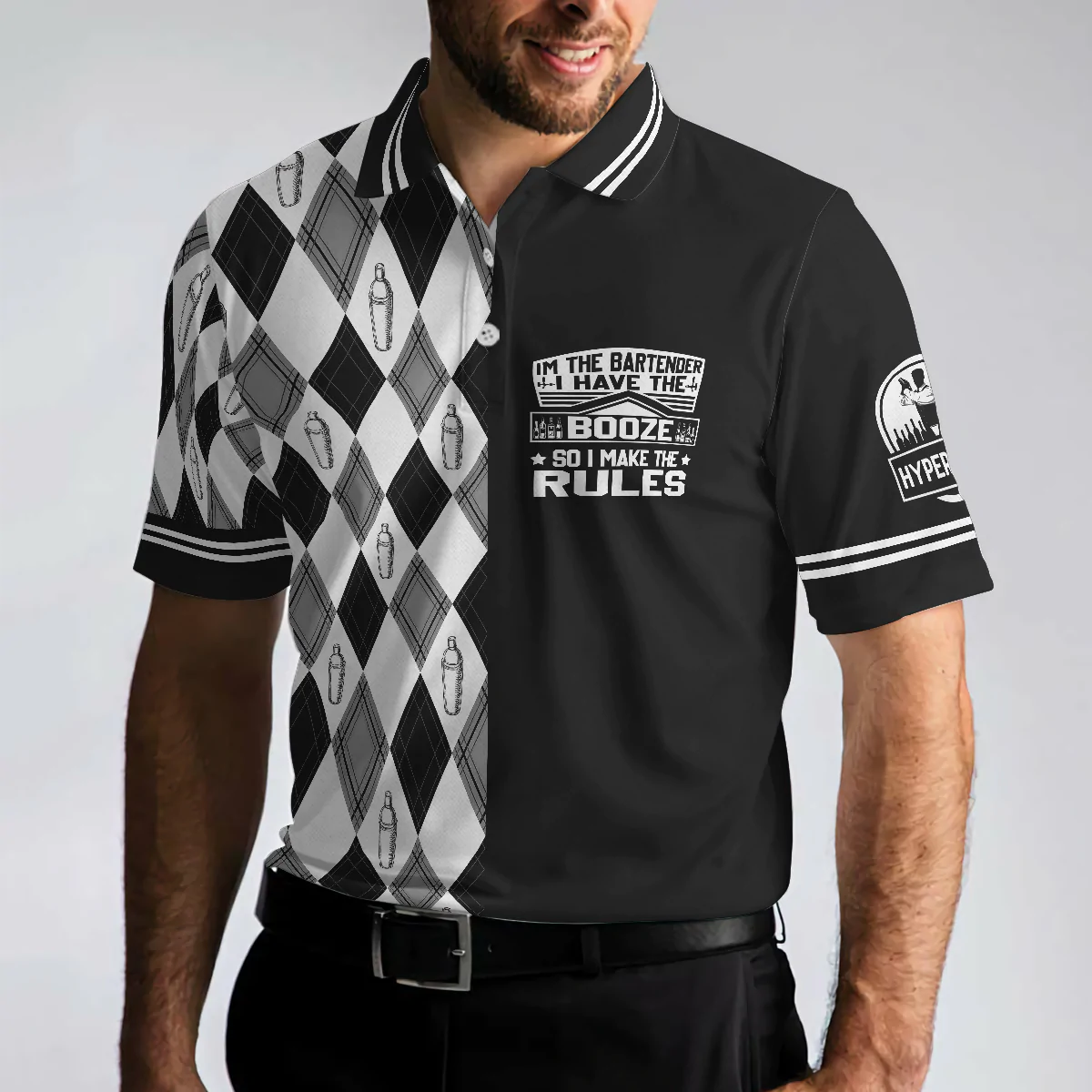 Black And White Argyle Pattern Men Polo Shirt, I'm The Bartender Polo Shirt, Best Bartender Shirt For Men