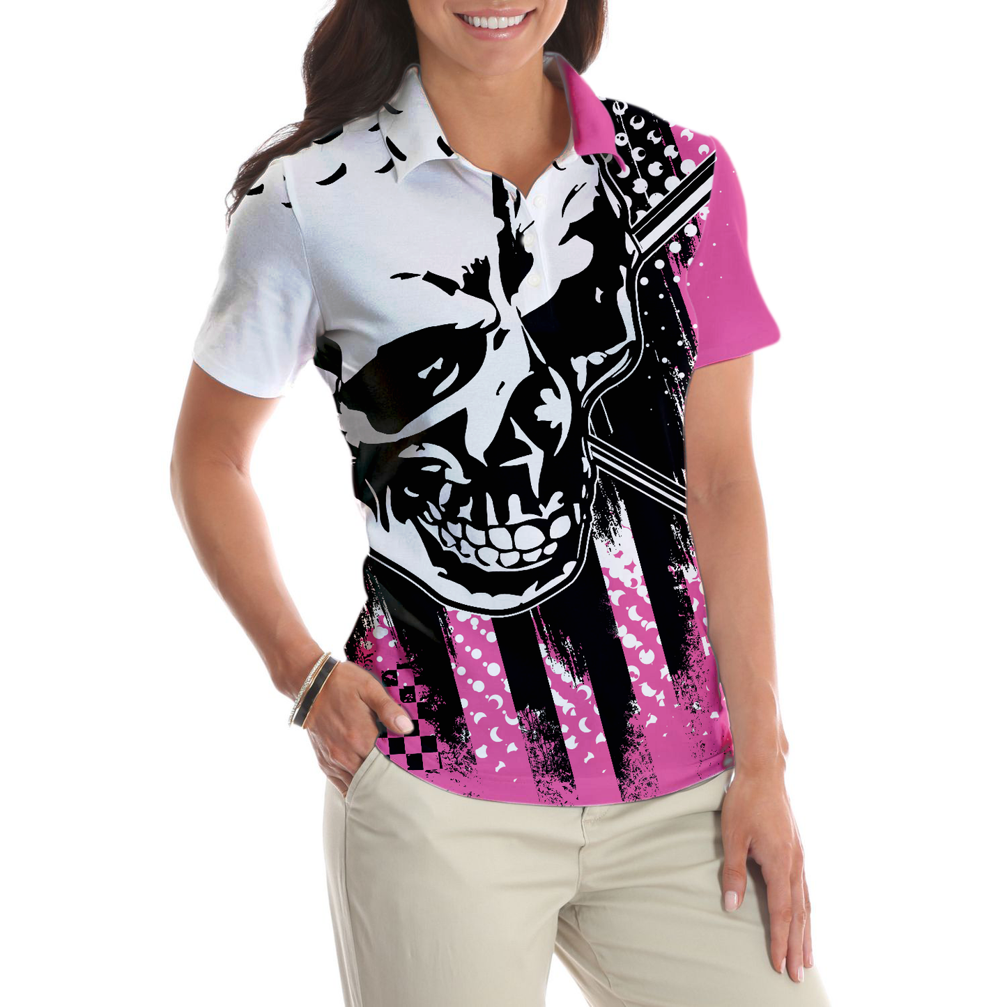 Women Polo Shirt - Blade Ladies Golf Pink Short Sleeve Women Polo Shirt, Skull Golf Shirt For Women, Unique Female Goff Gift