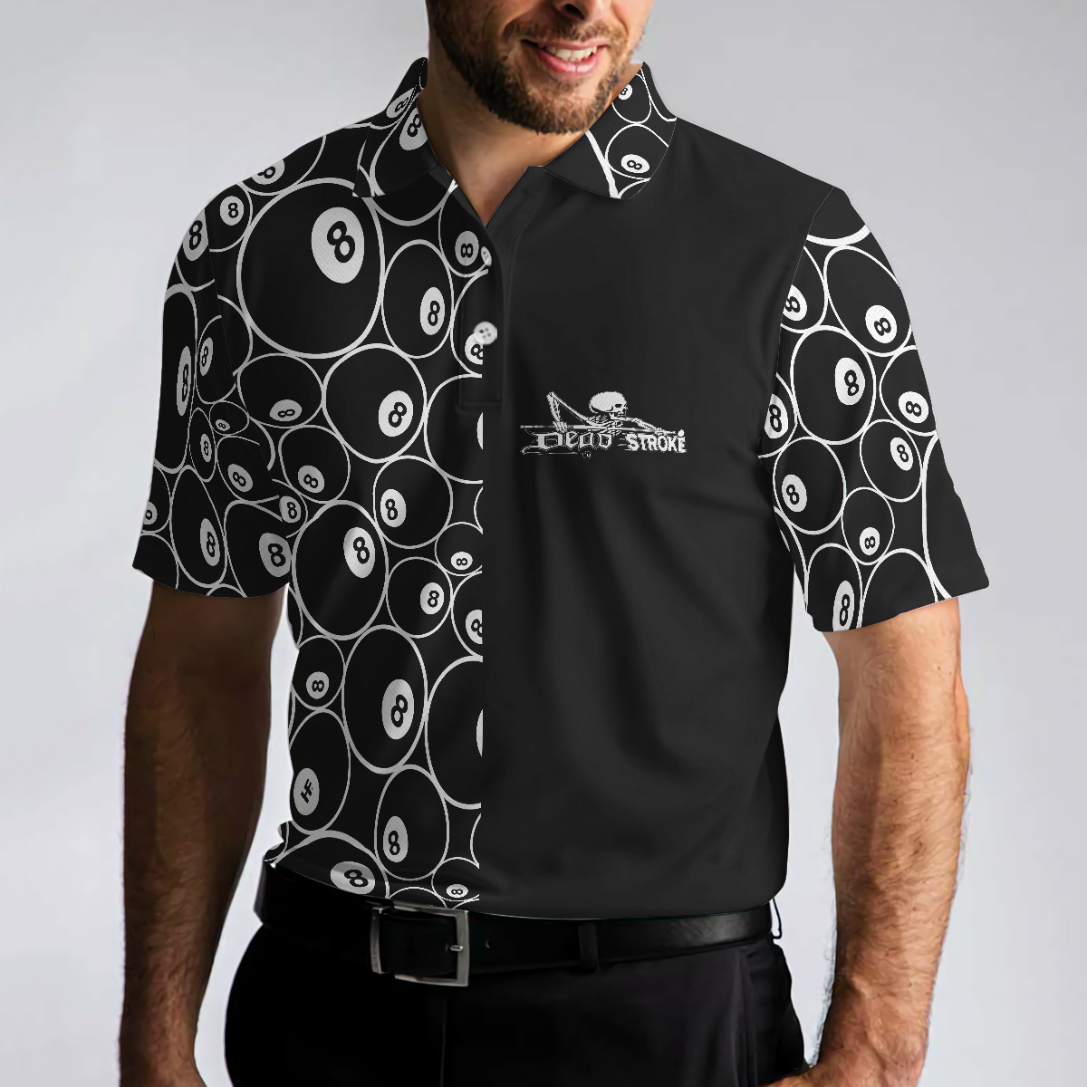 Men Polo Shirt - Billiards Skeleton Dead Stroke Short Sleeve Polo Shirt, 8-ball Polo Shirt, Best Billiards Shirt For Men