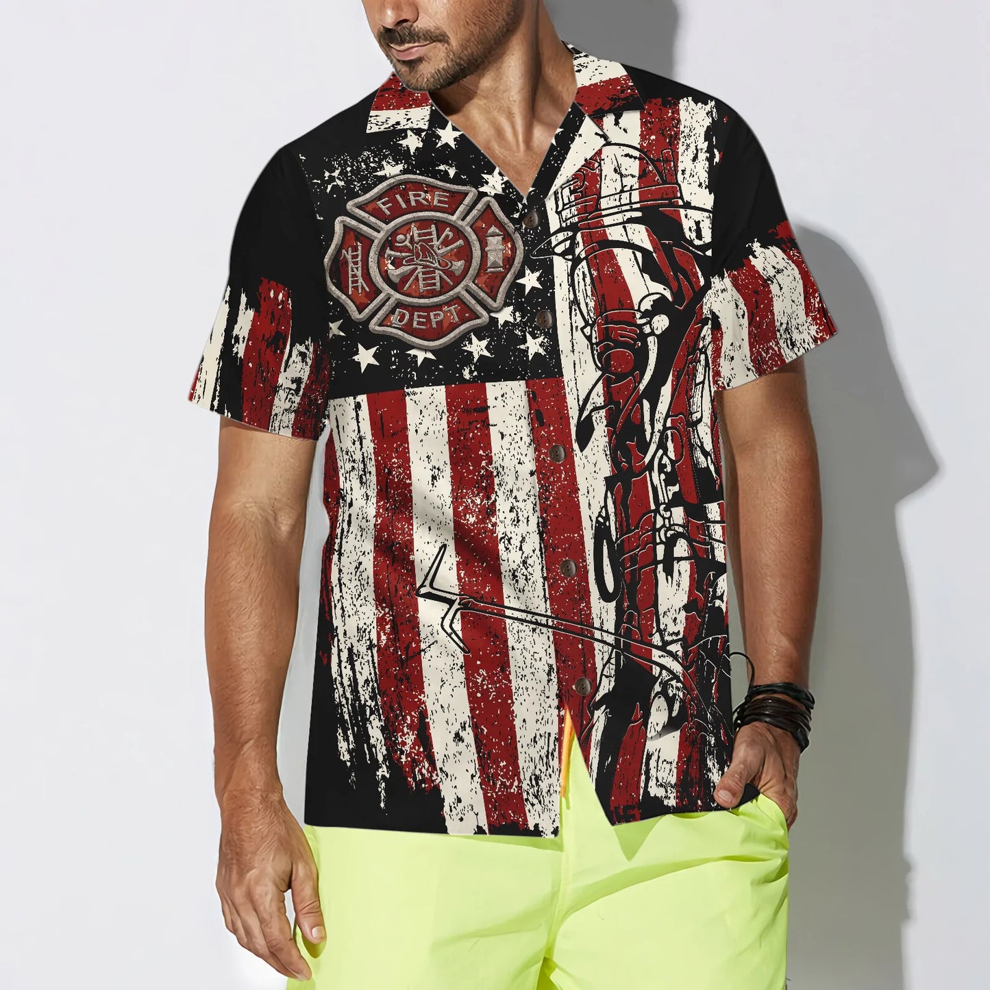 Black American Flag Fire Dept Firefighter Hawaiian Shirt, Fire Department Badge Firefighter Shirt For Men, Perfect Gift For American Flag Lovers, Friends, Husband, Boyfriend, Family