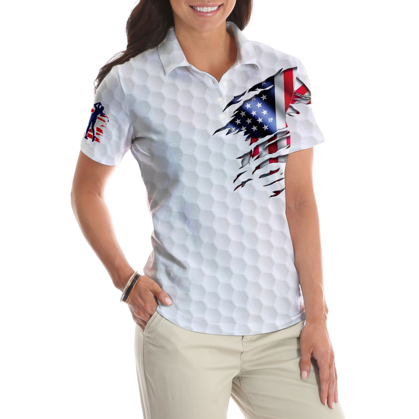 American Woman Golfer Golf Shirt Short Sleeve Women Polo Shirt, American Flag Polo Shirt, Best Golf Shirt For Ladies, Gift For Golfers