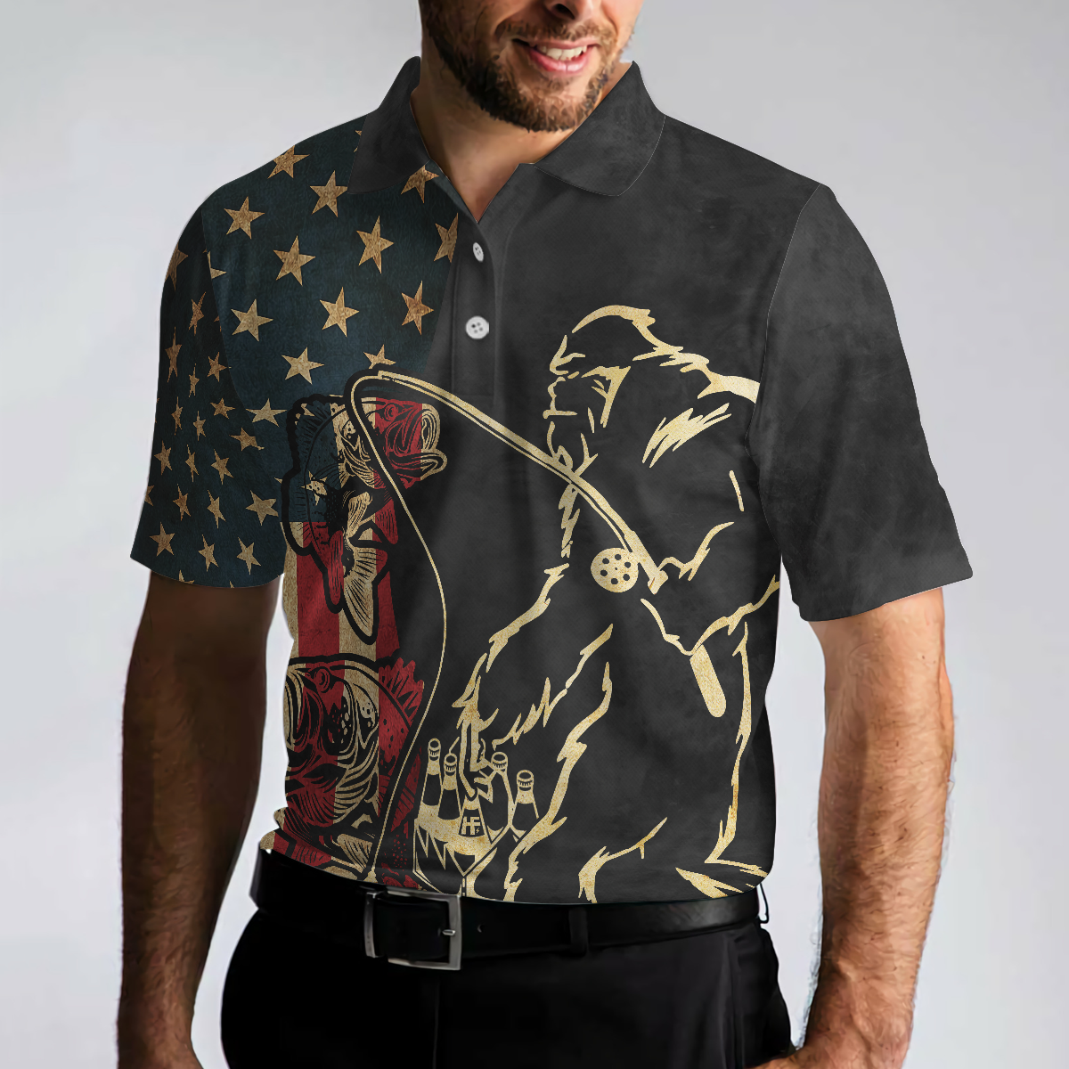 Vintage Bigfoot American Flag Fishing Men Polo Shirt, Fishing And Beer Make Me Happy Shirt For Men, Gift For Fishing Lovers