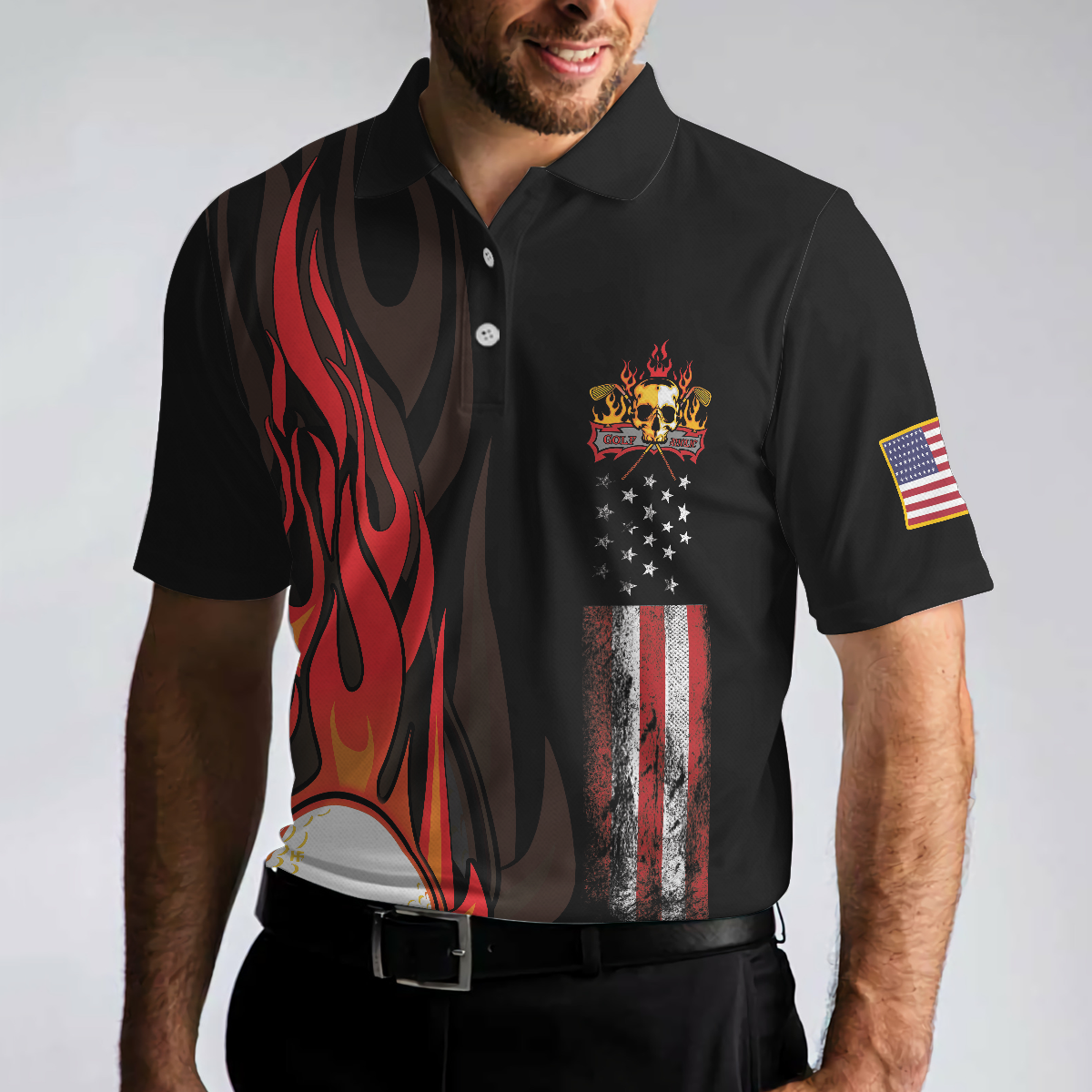 Golf Flame Skull Short Sleeve Golf Men Polo Shirt, Black American Flag Golf Shirt For Men, Cool Gift For Golfers