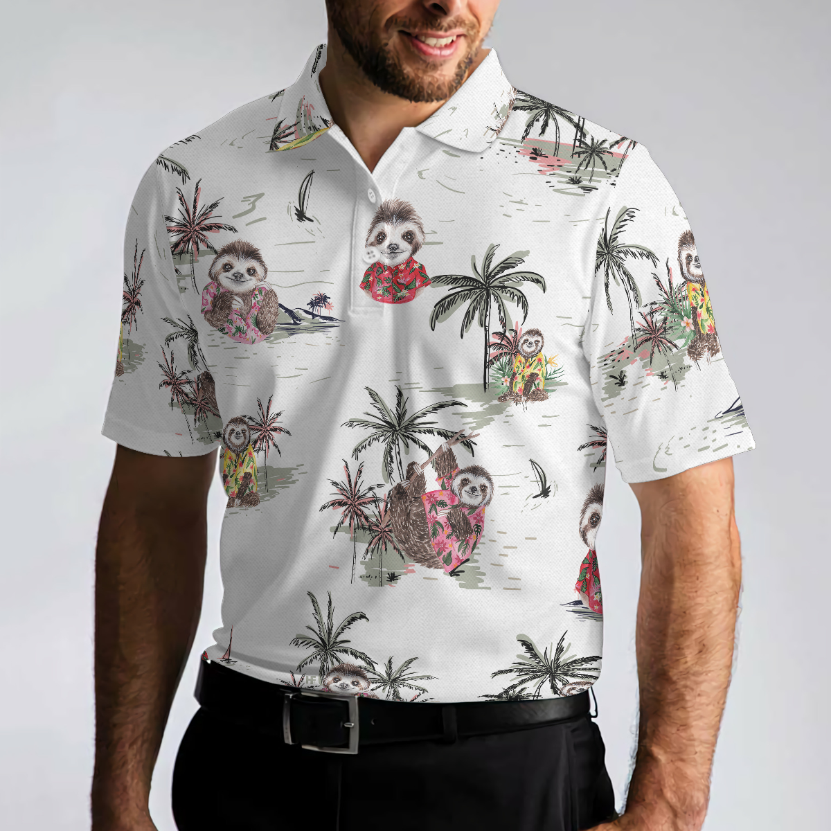 Cute Sloth With Tropical Plants Polo Shirt, White Tropical Sloth Shirt For Men And Women, Sloth Summer Shirt Design