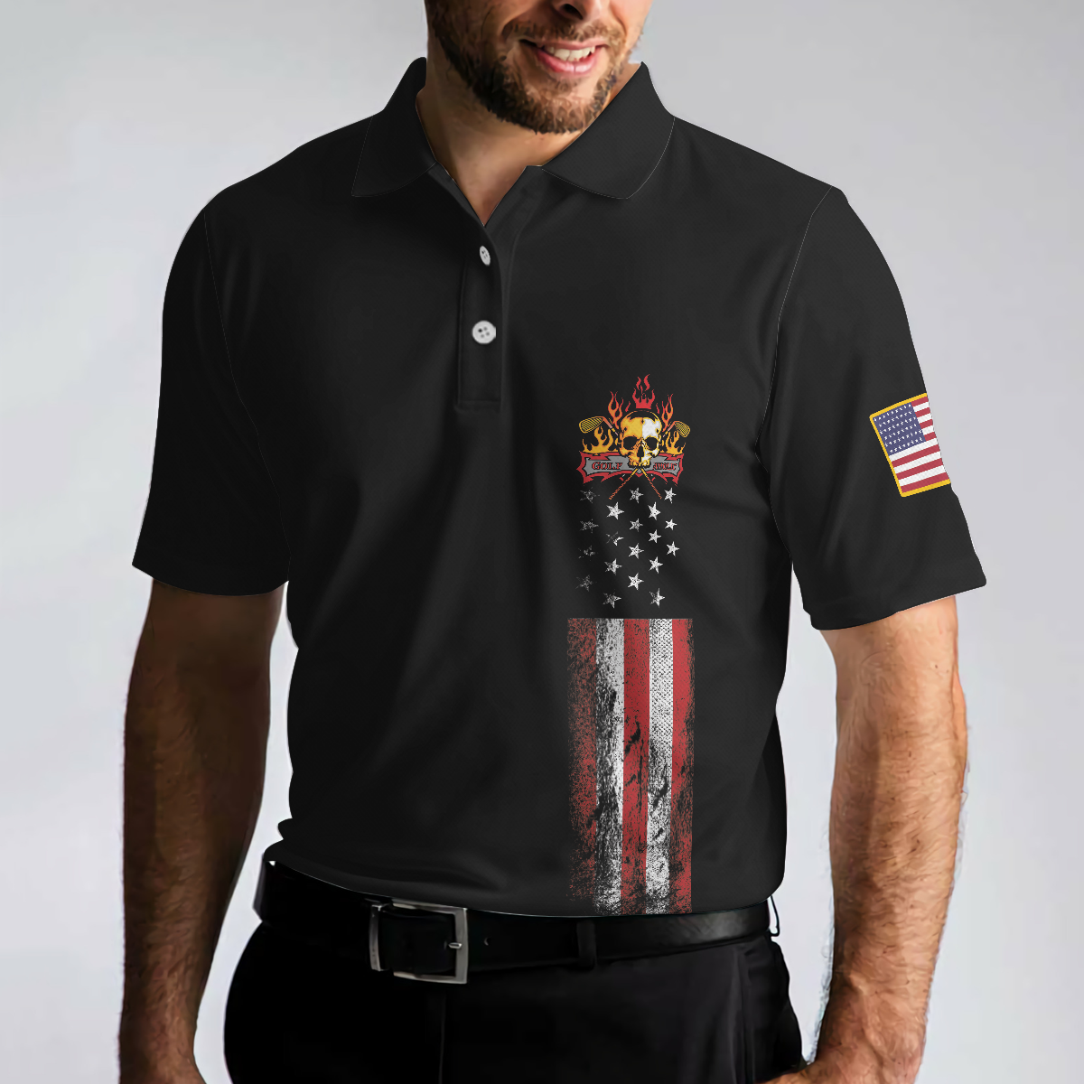 Golf Skull America Flag Short Sleeve Polo Shirt, Wet Paint Black Polo Shirt, Best Golf Shirt For Men - Best Gift For Golf Lovers