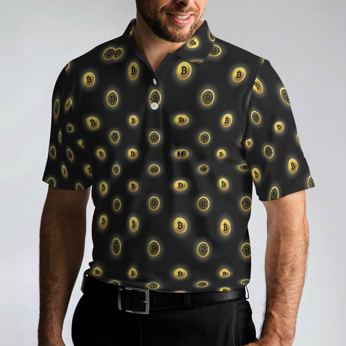 Golden Black Bitcoin Polo Shirt, Golden Cryptocurrency Short Sleeve Polo Shirt For Traders, Best Bitcoin Themed Shirt