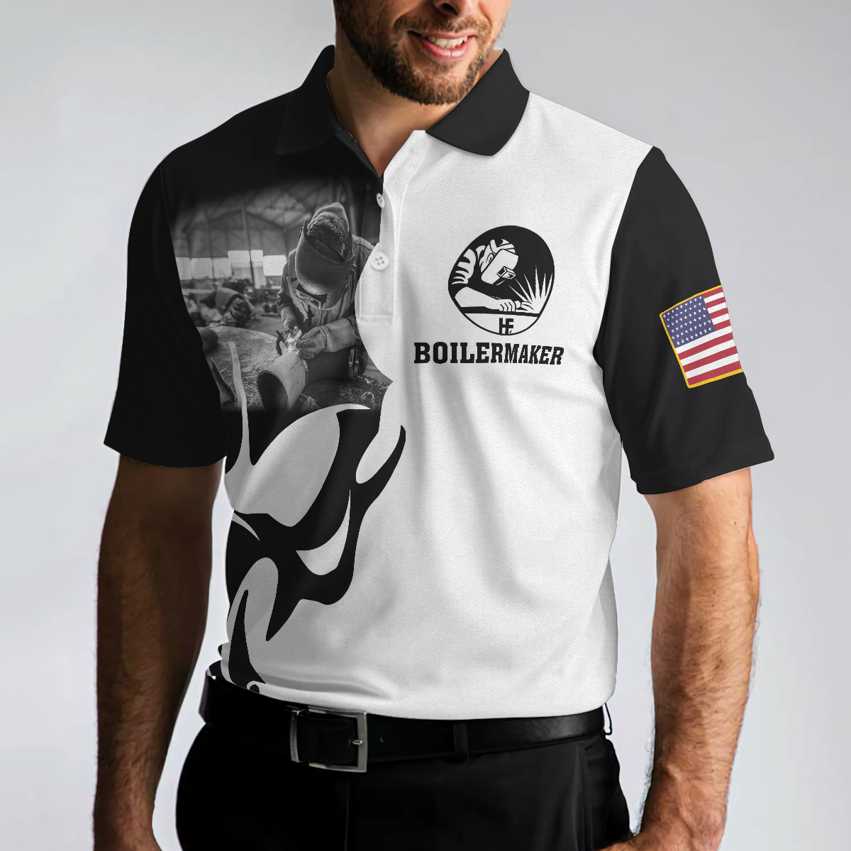 Men Polo Shirt - Boilermaker Proud Black And White Short Sleeve Skull Polo Shirt, Best Boilermaker Shirt For Men