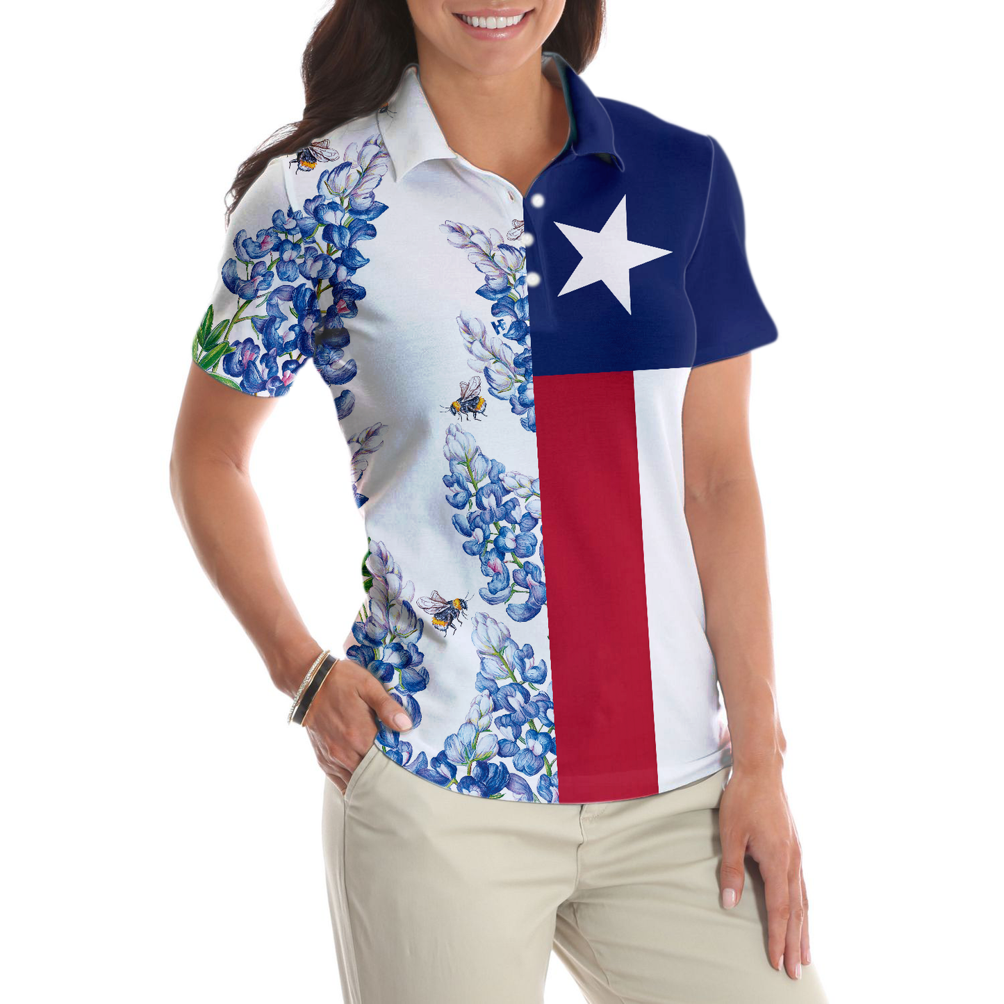 Texas Flag Bluebonnets Polo Shirt For Woman, Golf Short Sleeve Women Polo Shirt - Perfect Gift For Women, Ladies, Golfers