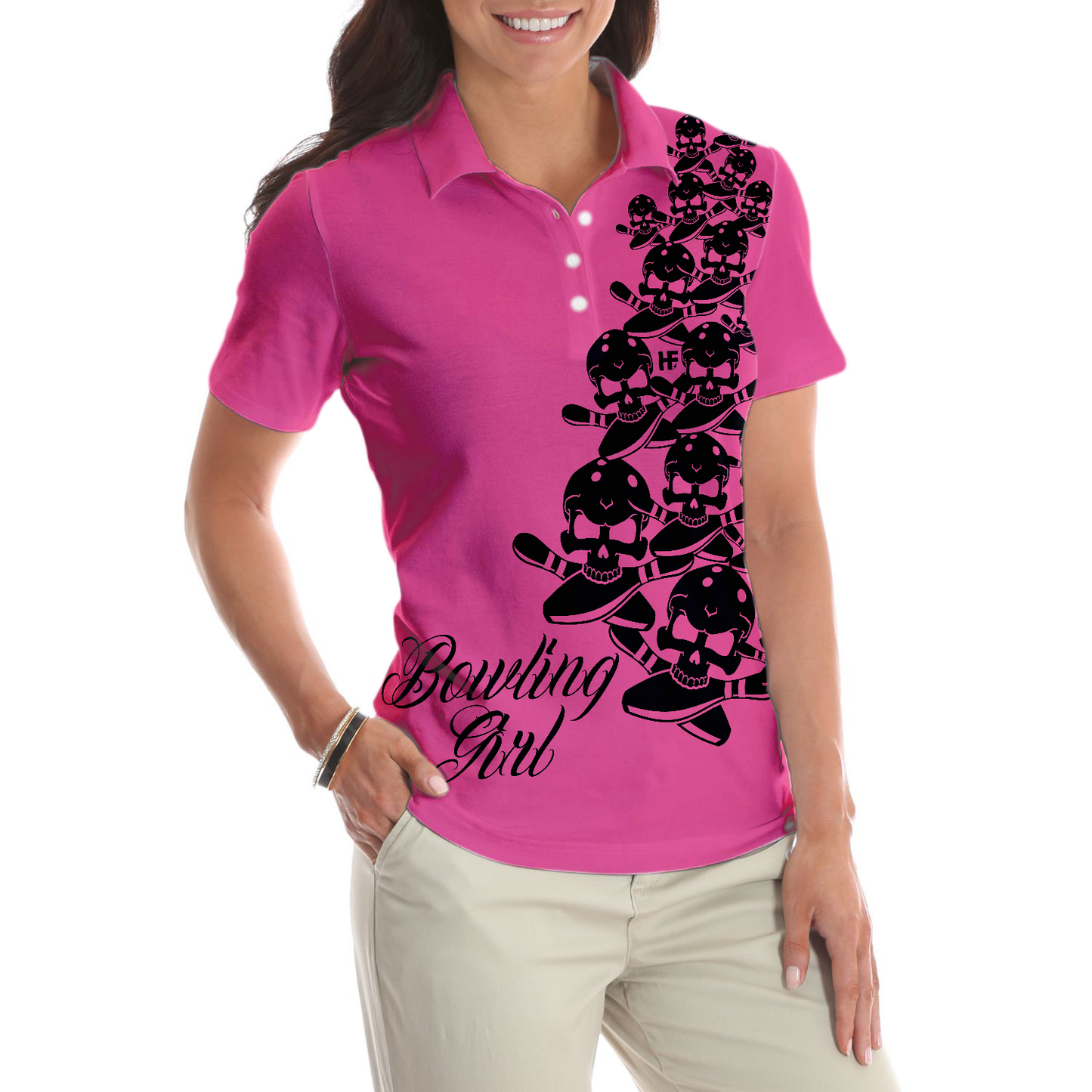 Bowling Girl Polo Shirt, Skull Short Sleeve Women Polo Shirt, Pink Skull Pattern Bowling Shirt For Female Players