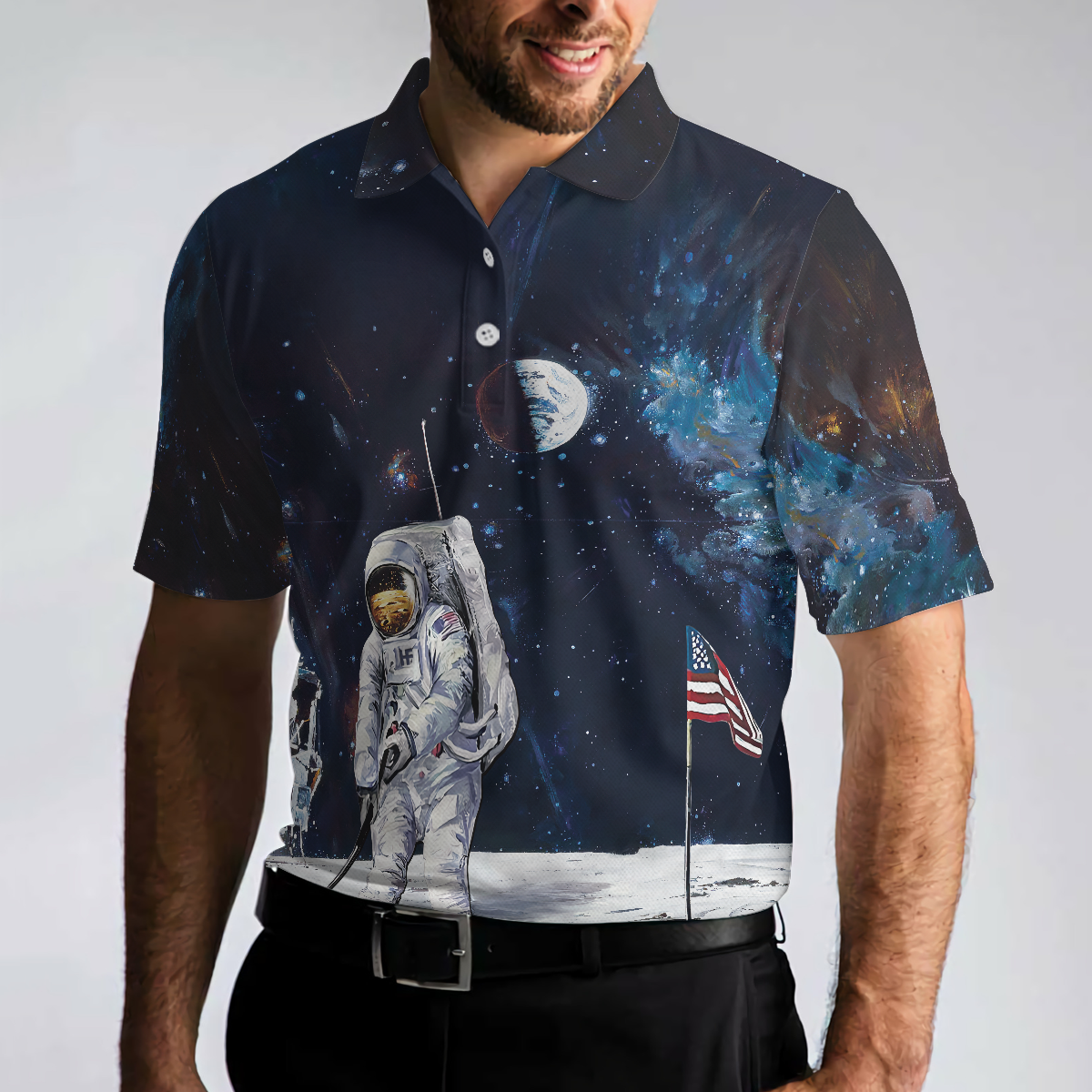 Men Polo Shirt - Astronaut Moon Golf Men Polo Shirt, Short Sleeve Polo Shirt - Gift For Golfer - American Flag Men Polo Shirt