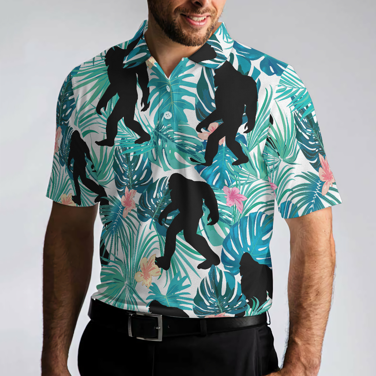 Bigfoot Tropical Short Sleeve Men Polo Shirt, Floral And Leaves Polo Shirt, Best Bigfoot Shirt For Men