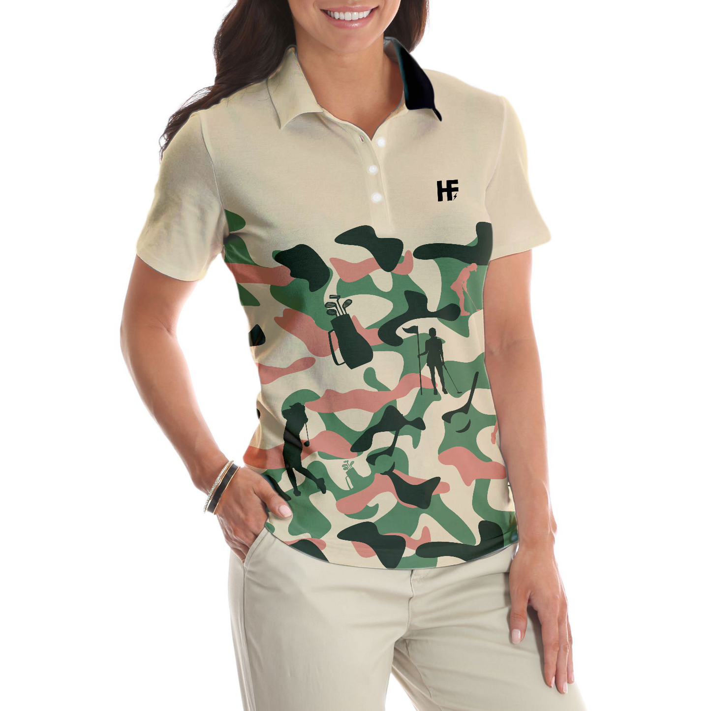 Camouflage Texture Golf Set For Woman Short Sleeve Women Polo Shirt, Camo Golf Shirt For Ladies, Unique Female Golf Gift