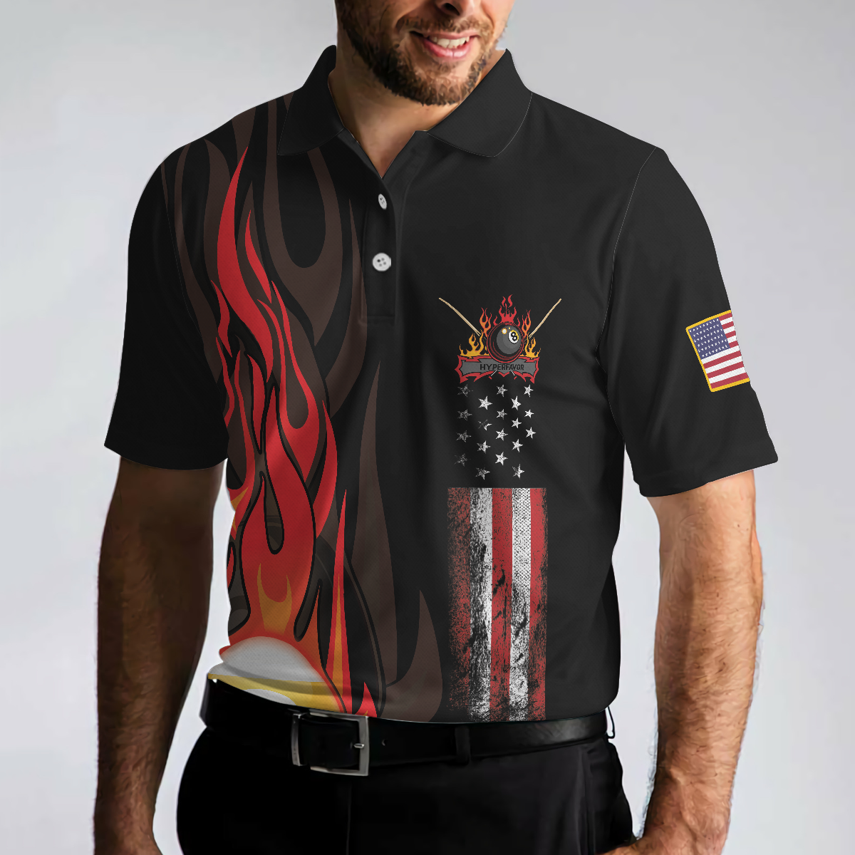Flame 9 Ball Billiards Pool Men Polo Shirt, American Flag Billiards Shirt For Men, Gift For Pool Players