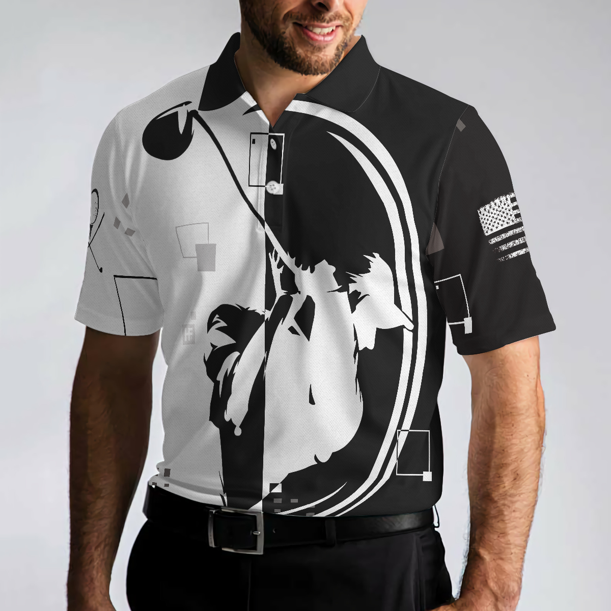 American Golfer Hard Swing US Flag Polo Shirt, Black And White American Flag Polo Shirt, Best Golf Shirt For Men, Gift For Golfers