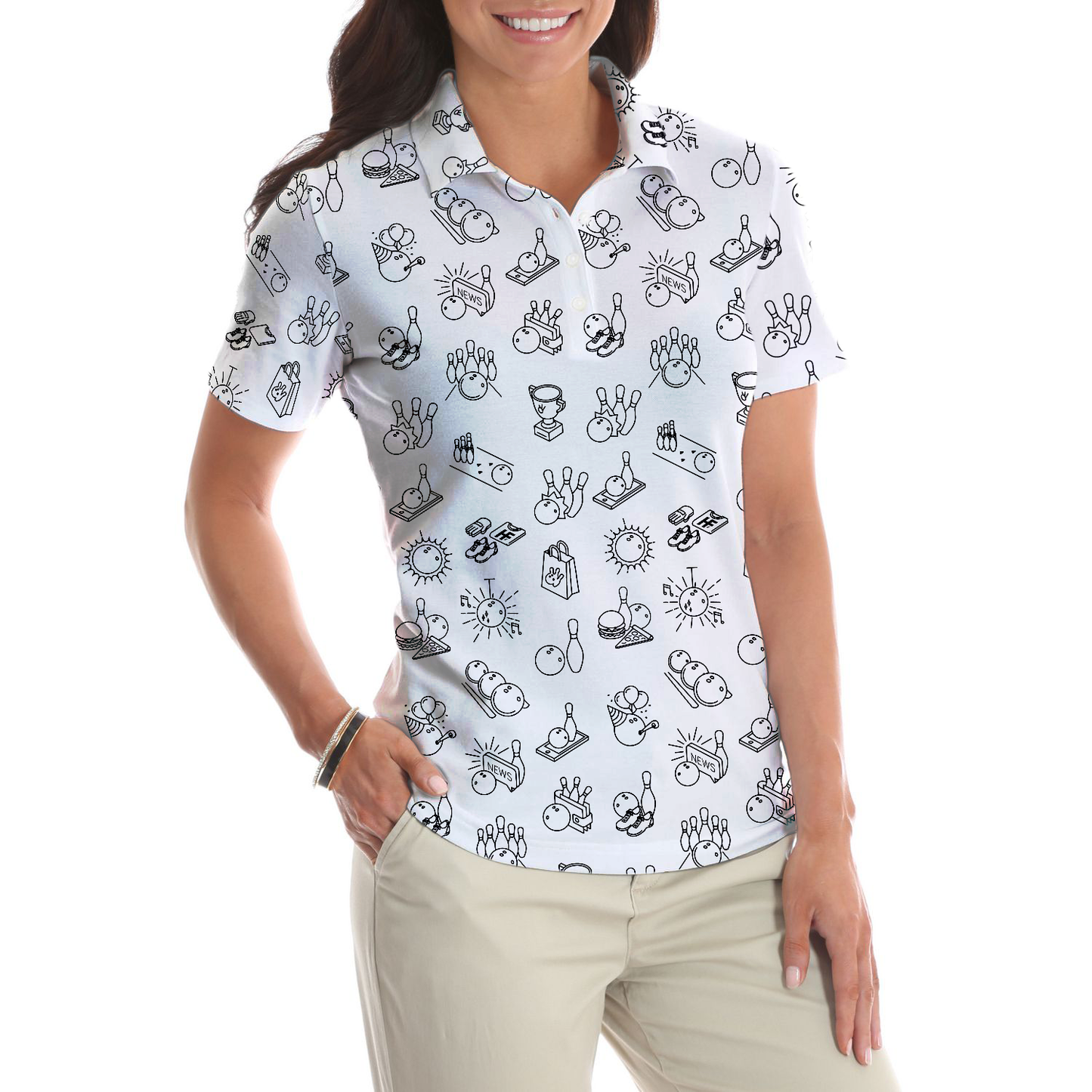 Bowling Women Polo Shirt, Bowling Pattern Short Sleeve Women Polo Shirt, Cool Bowling Polo Shirt For Female Bowlers, Best Bowling GIft Idea