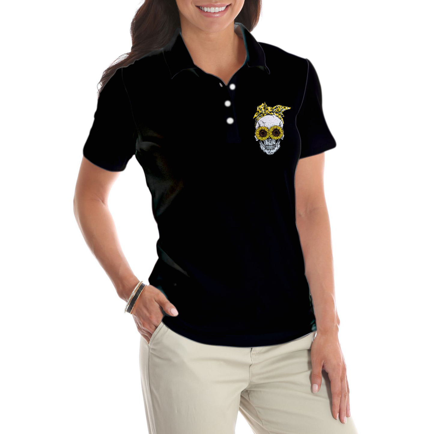 You Are My Sunshine Skull Sunflower Short Sleeve Women Polo Shirt, Black Skull Polo Shirt For Ladies - Perfect Gift For Women