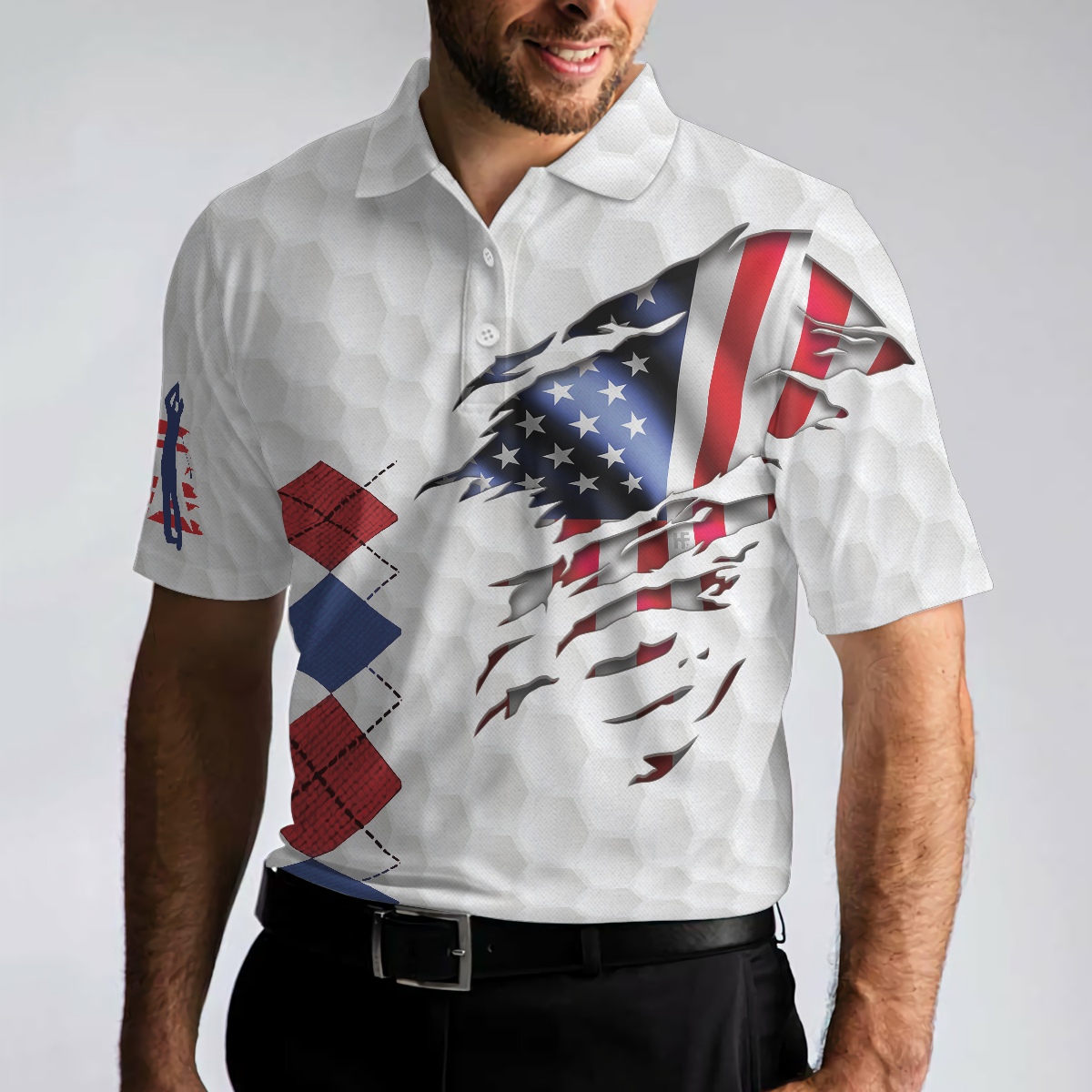 Golf American Flag Argyle Men Polo Shirt, White Golf Texture American Flag Polo Shirt, Patriotic Golf Shirt For Men, Best Gift For Golfers