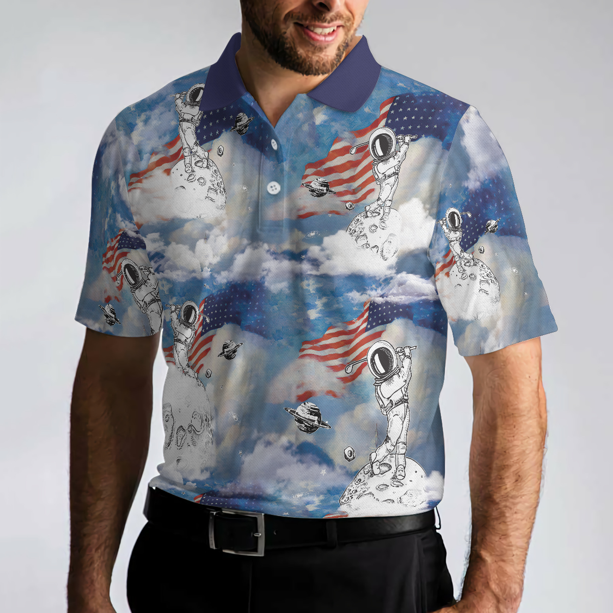 Men Polo Shirt - Astronaut Plays Golf In Space American Flag Men Polo Shirt - Gift For Golfer - Cloud Golfing Men Polo Shirt