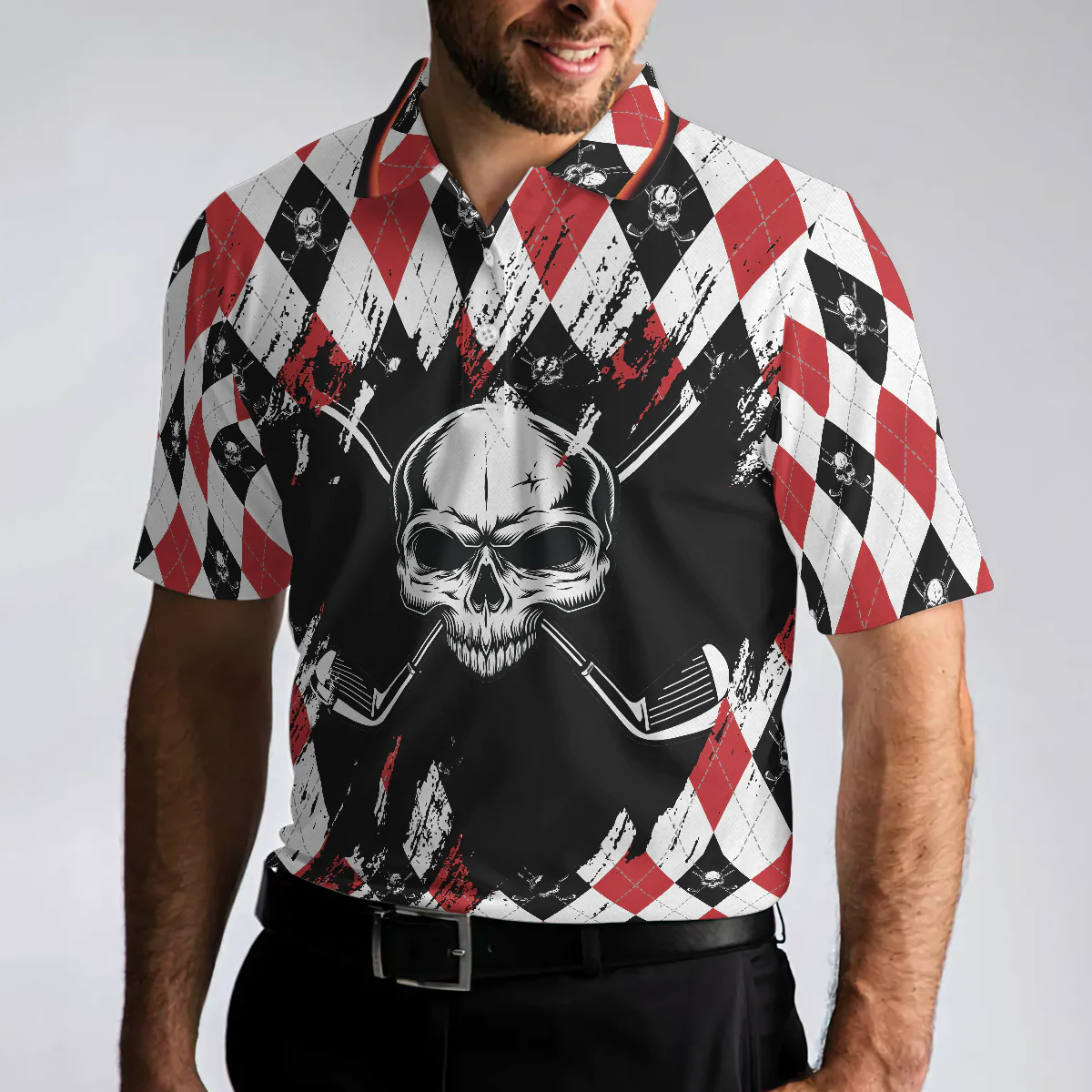 Argyle Pattern Skull Golf Men Polo Shirt, Just Gonna Stand There And Watch Me Golf Shirt For Male