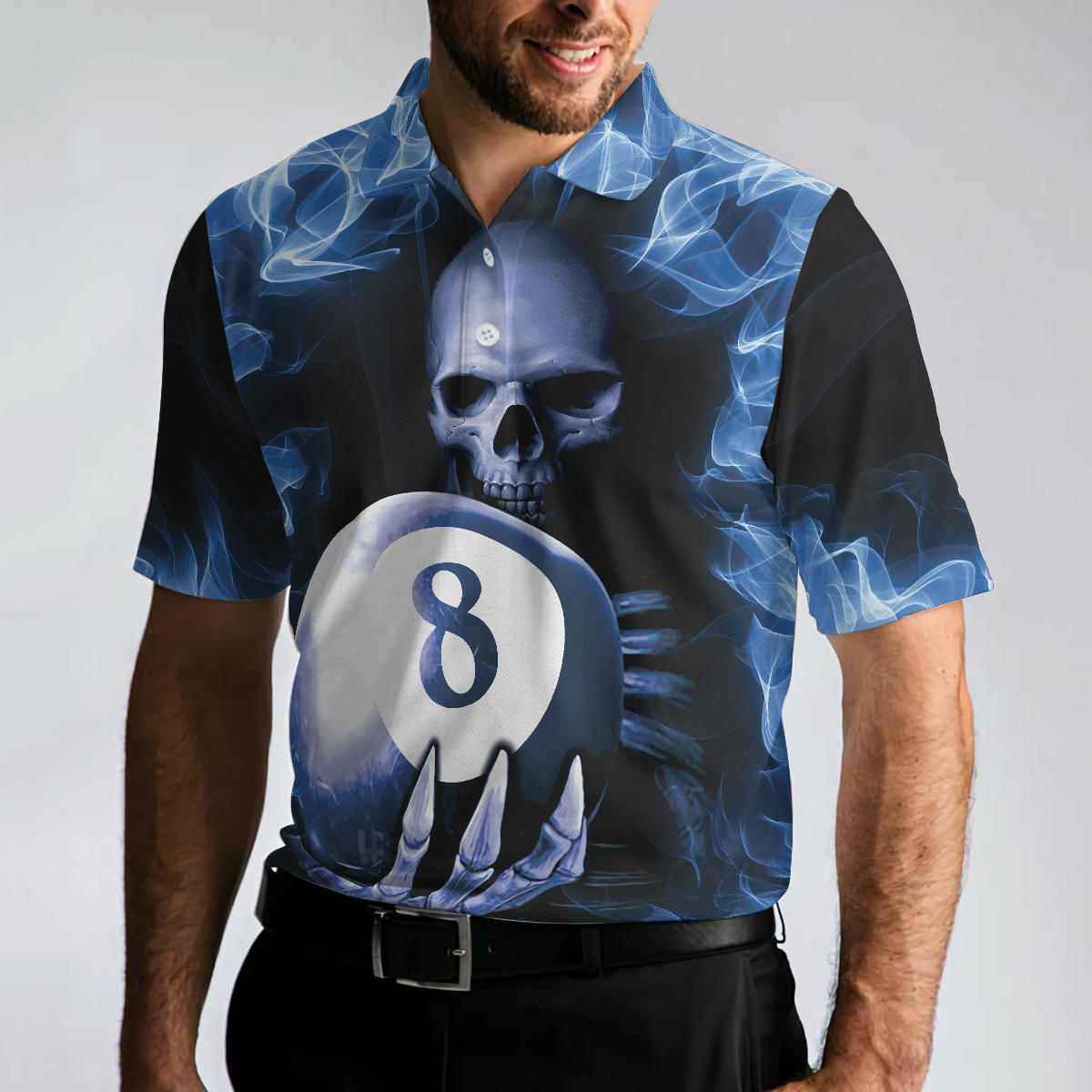 Men Polo Shirt - Billiards Murder Polo Shirt, Blue Flame Billiards Shirt Design - Skull Eight Ball Billiards Shirt For Men