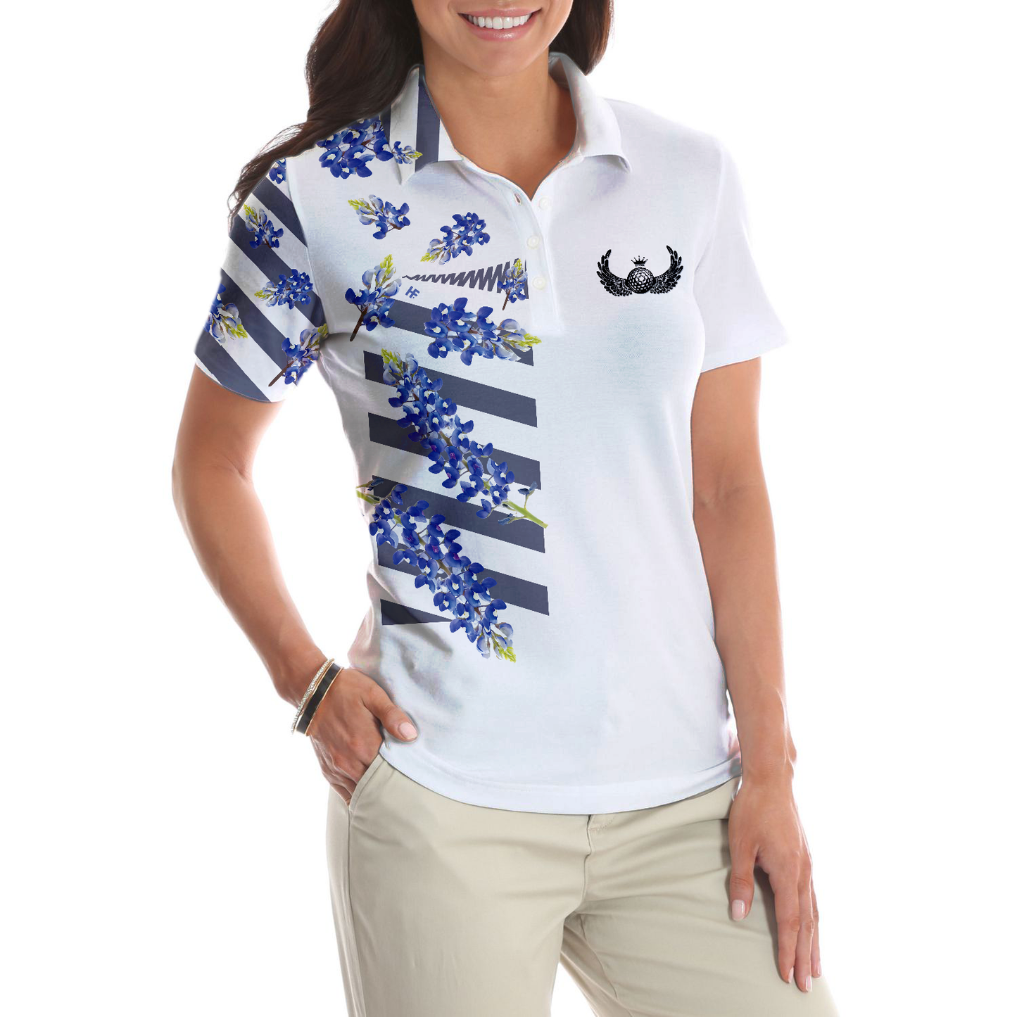 Women Polo Shirt - Bluebonnet Golf Short Sleeve Women Polo Shirt, Floral Texas Golf Shirt For Ladies