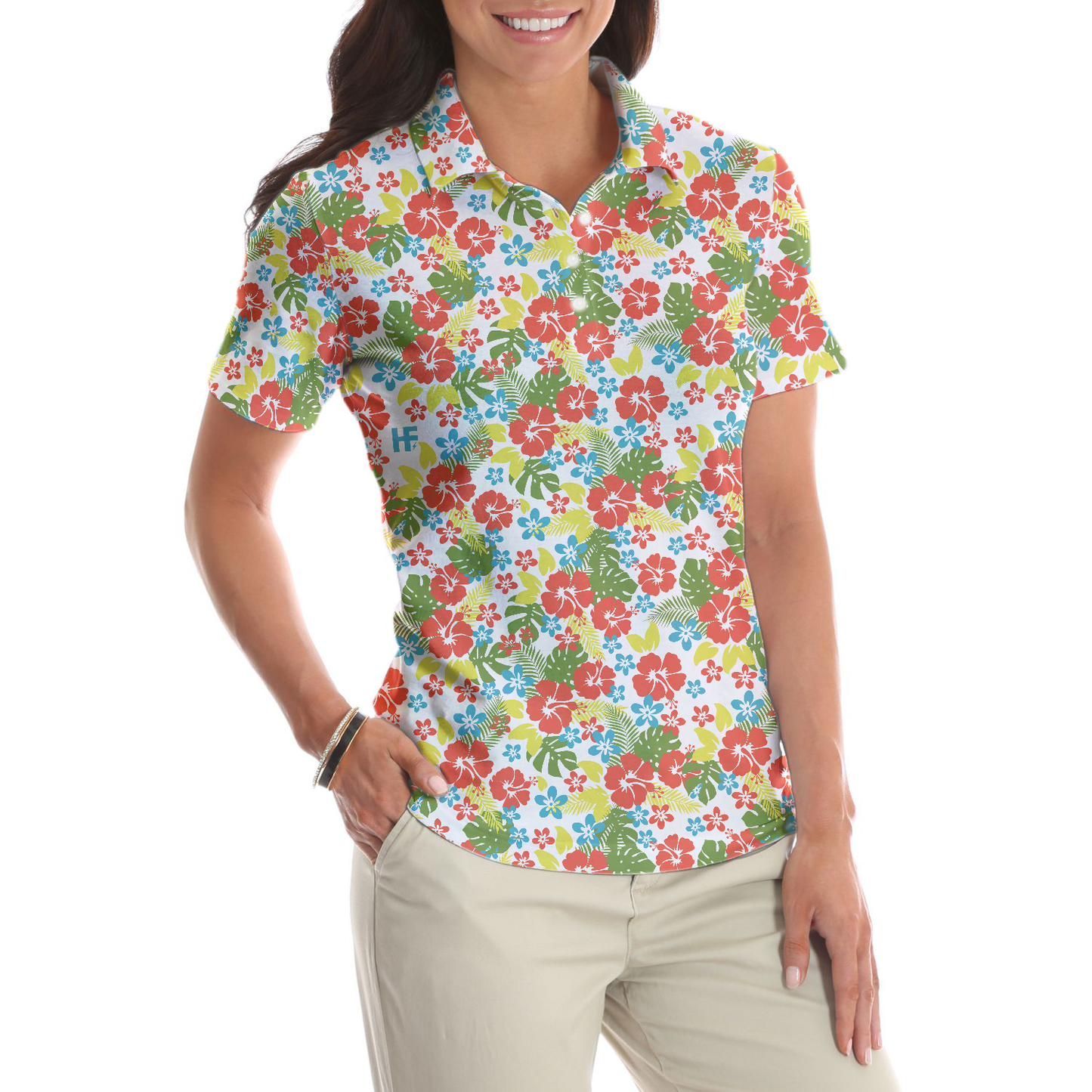 Tropical Flowers Pattern Short Sleeve Women Polo Shirt - Perfect Gift For Women