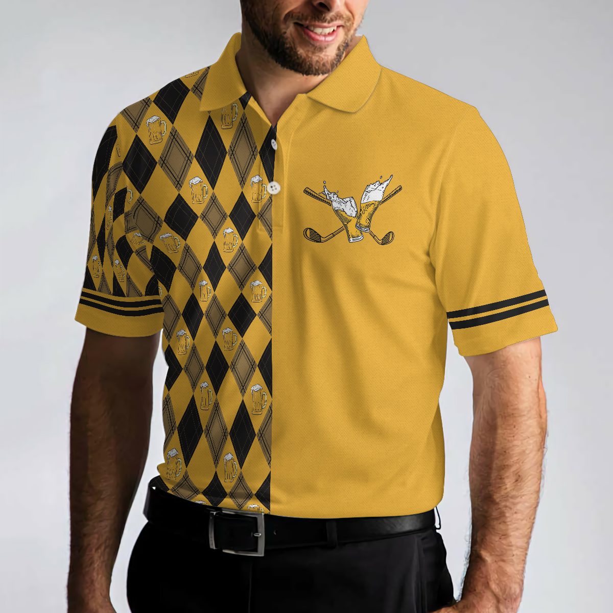 Swing Swear Drink Repeat Polo Shirt, Black And Yellow Argyle Pattern Shirt, Swag Golf Gift For Golfers - Perfect Gift For Men, Golfers