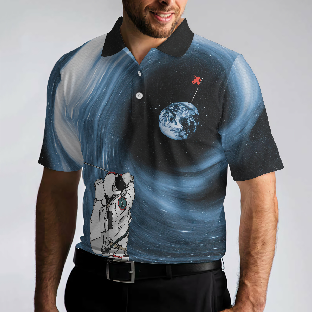 Men Polo Shirt - Astronaut Golfing Outer Space Black Golf Polo Shirt Men Polo Shirt - Gift For Golfer - Hole 404 Oops Men Polo Shirt