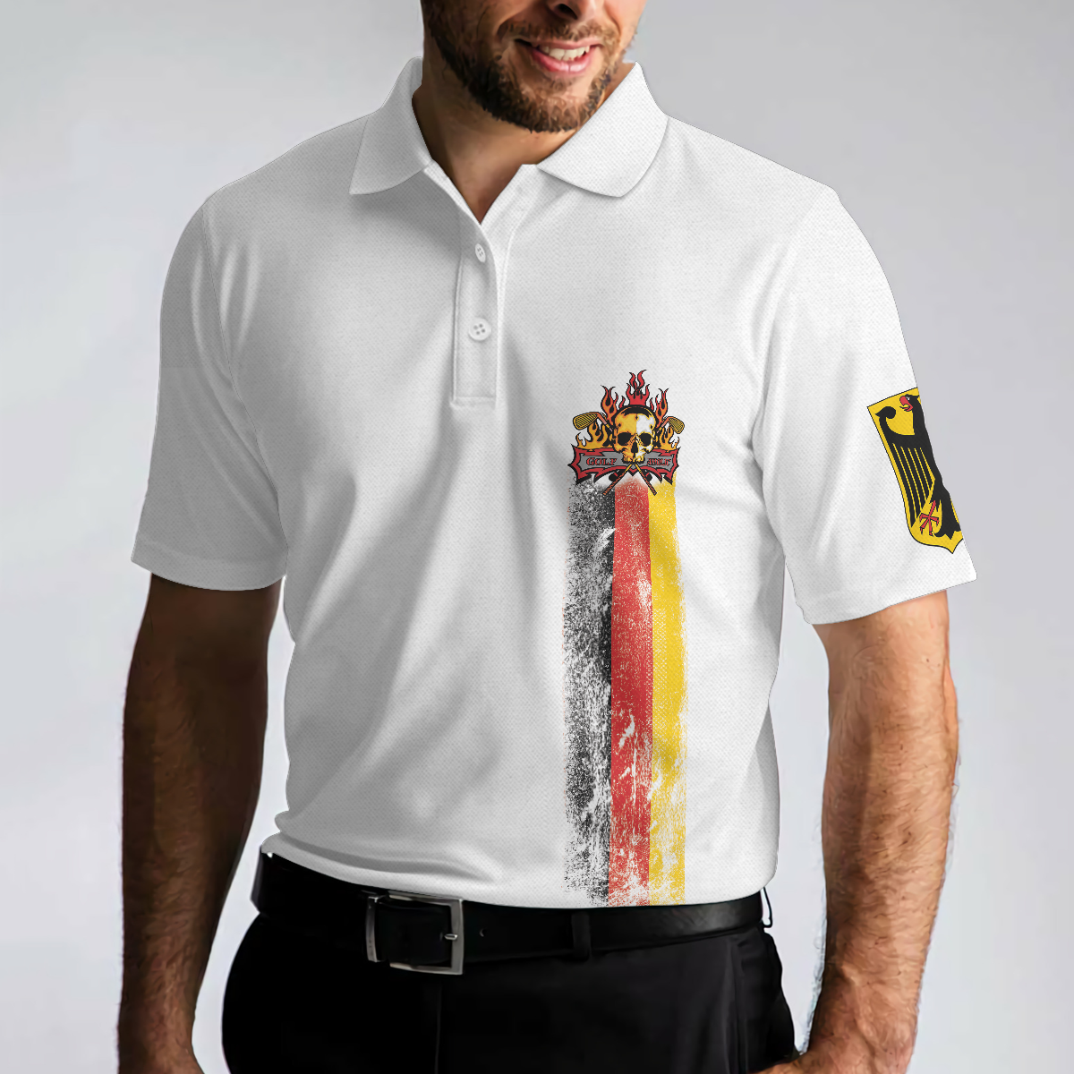 Golf Skull German Flag Short Sleeve Polo Shirt, Black Wet Paint Skull Polo Shirt, Germany Golf Shirt For Men