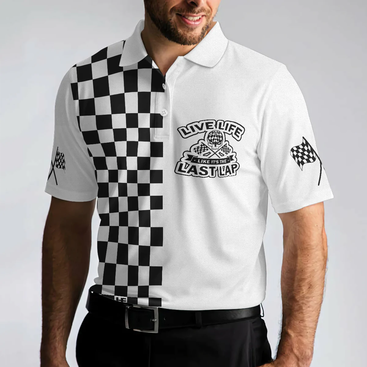 Live Life Like It's The Last Lap Racing Polo Shirt, Black And White Racing Shirt For Men, Best Gift For Men