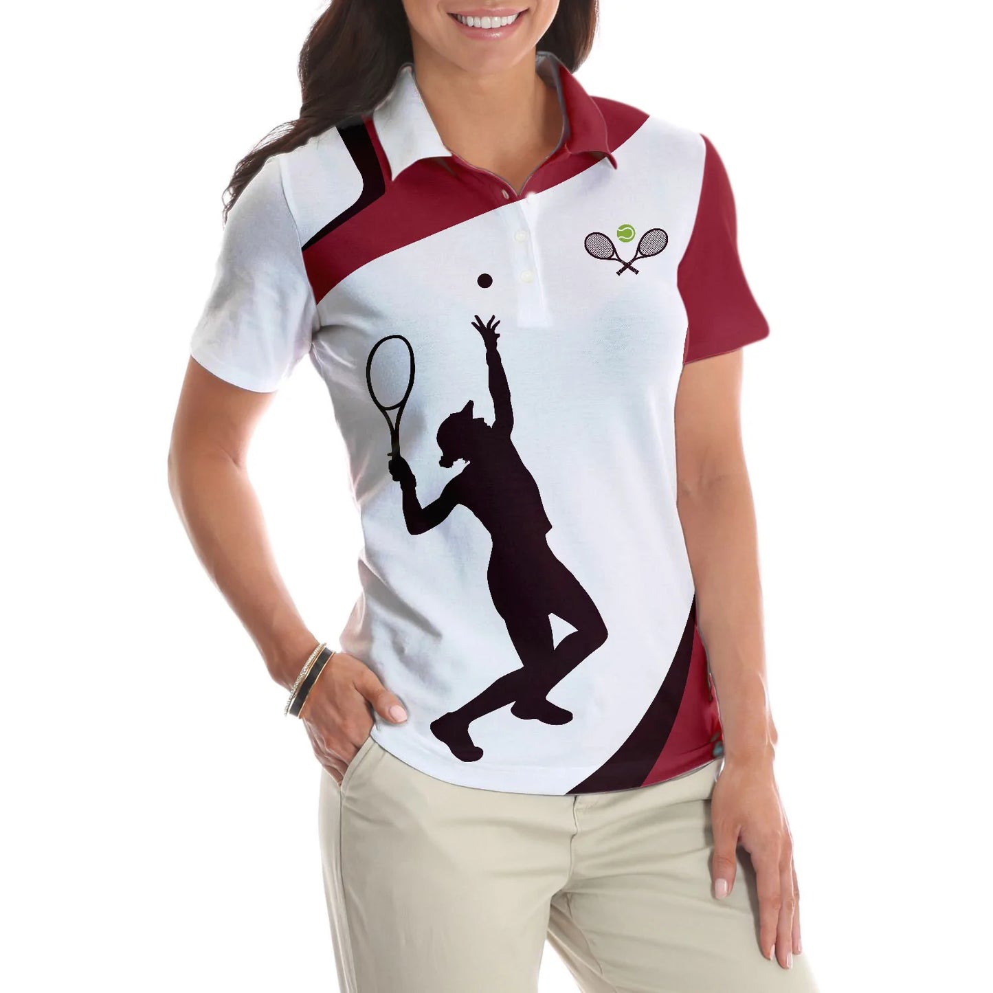 Living That Tennis Mom Life Short Sleeve Women Polo Shirt, White And Red Tennis Shirt For Ladies