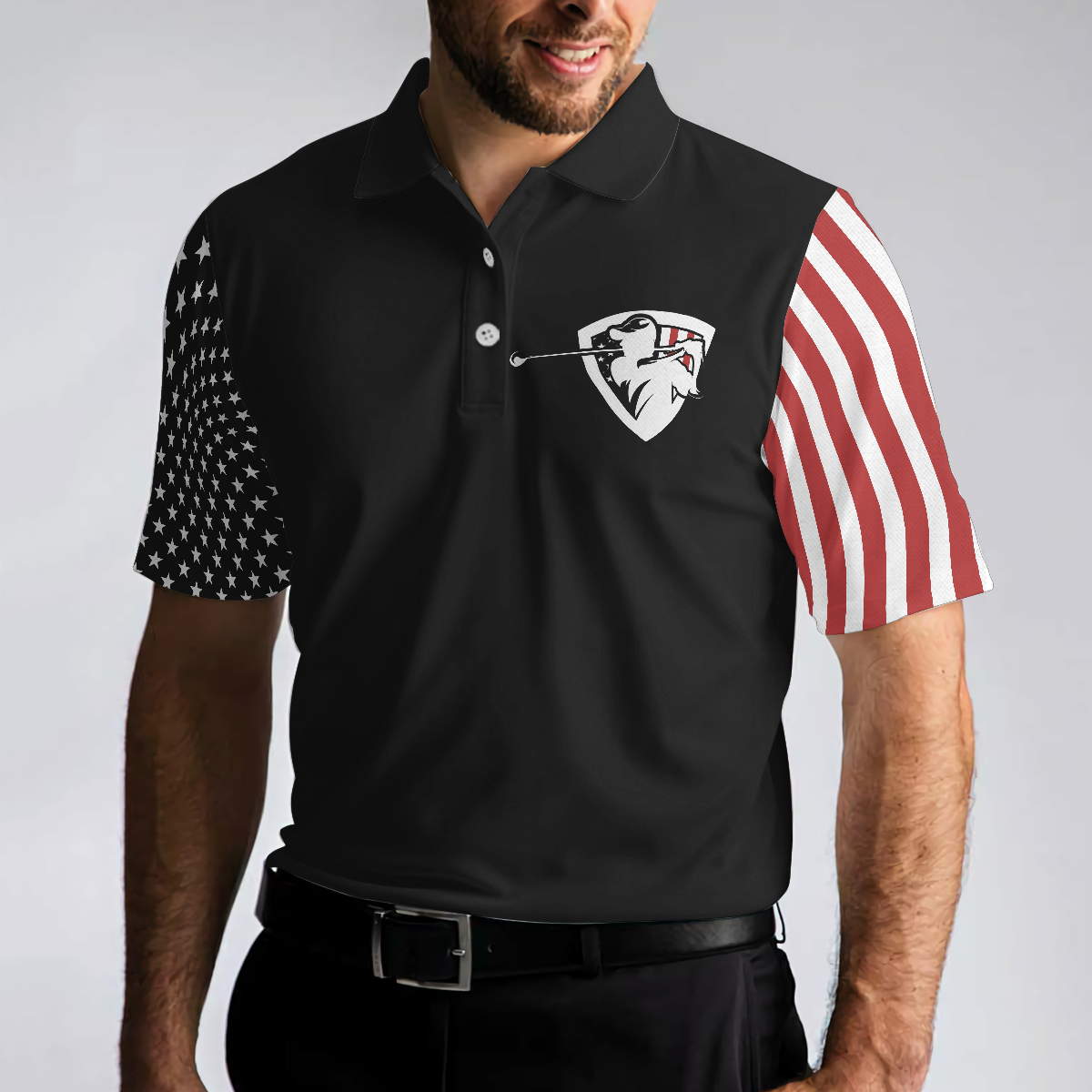 Dark Theme American Flag Men Polo Shirt, Let's Par Tee Short Sleeve Golf Polo Shirt, Patriotic Golf Shirt For Men