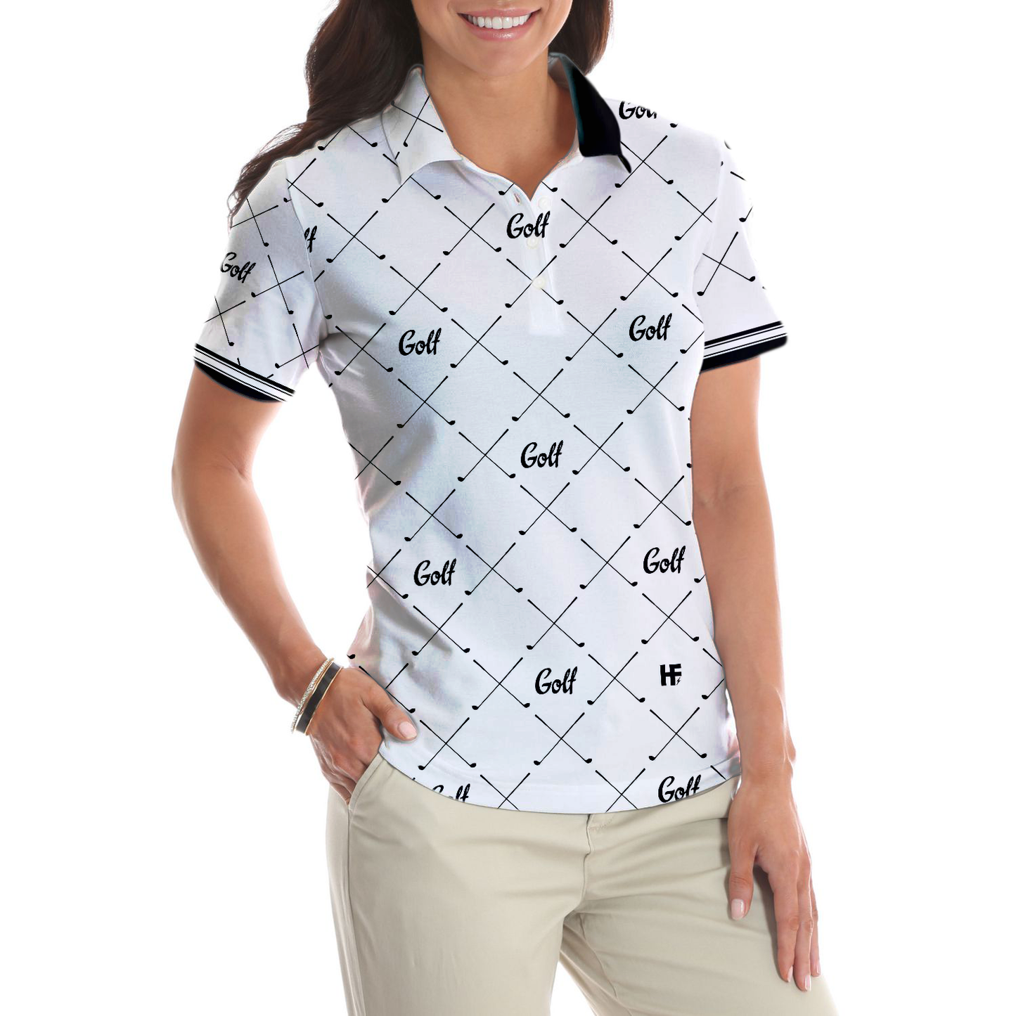 Golf In Black And White With Simple Golf Clubs Pattern Short Sleeve Women Polo Shirt, Basic Golf Shirt For Ladies, Unique Female Golf Gift