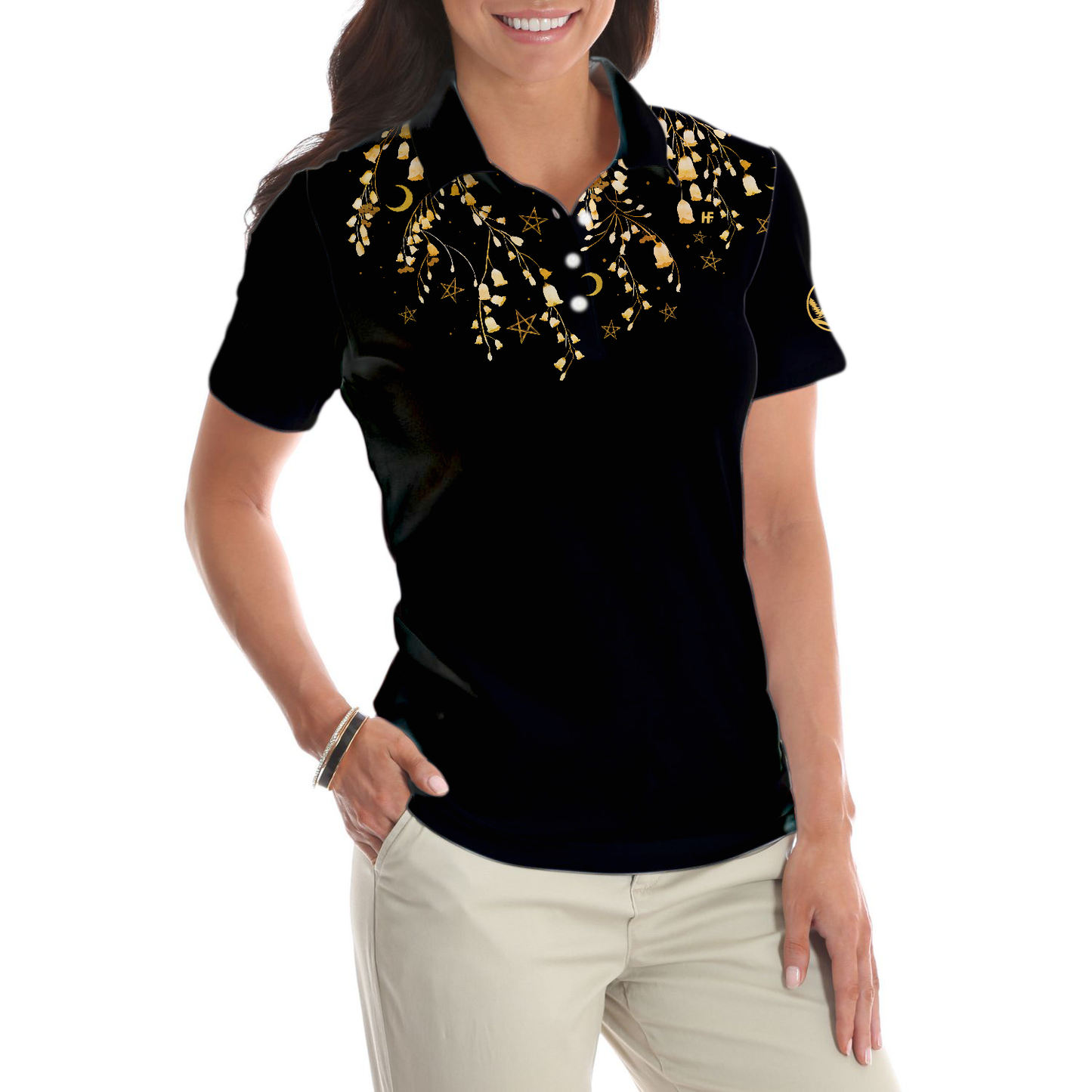 Elegant Gold Pattern Queen Of The Green Golf Short Sleeve Women Polo Shirt, Unique Female Golf Gift