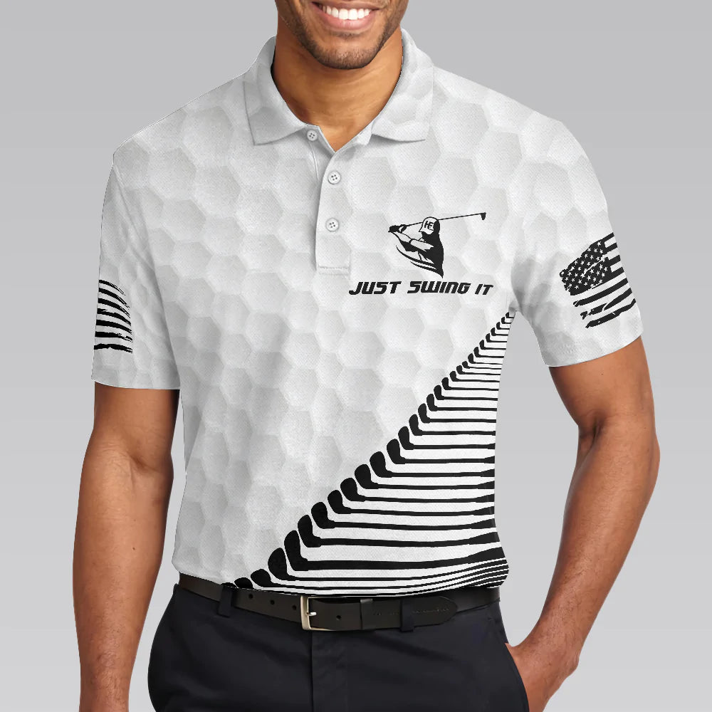 Black And White American Flag Golf Men Polo Shirt, Just Swing It American Golfer Shirt For Male