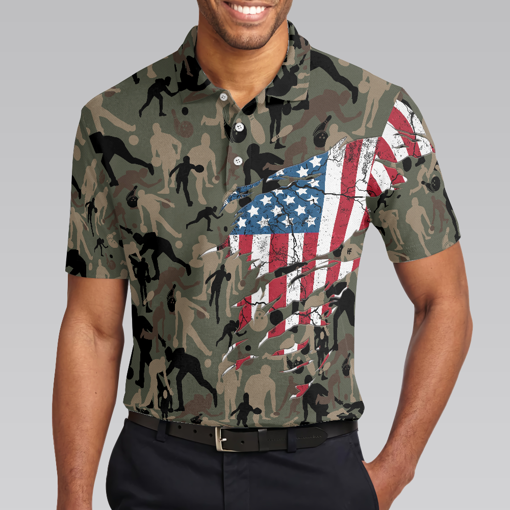 Bowling Men Polo Shirt - Bowling Camouflage American Eagle Flag Polo Shirt - Perfect Gift For Friend, Family, Bowling Lovers