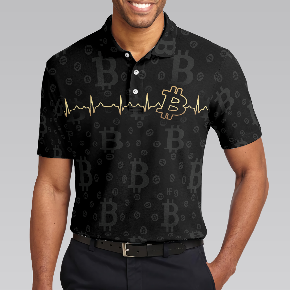 Men Polo Shirt - Bitcoin Golden Heartbeat Polo Shirt, Black Bitcoin Shirt For Adults, Cryptocurrency Short Sleeve Polo Shirt
